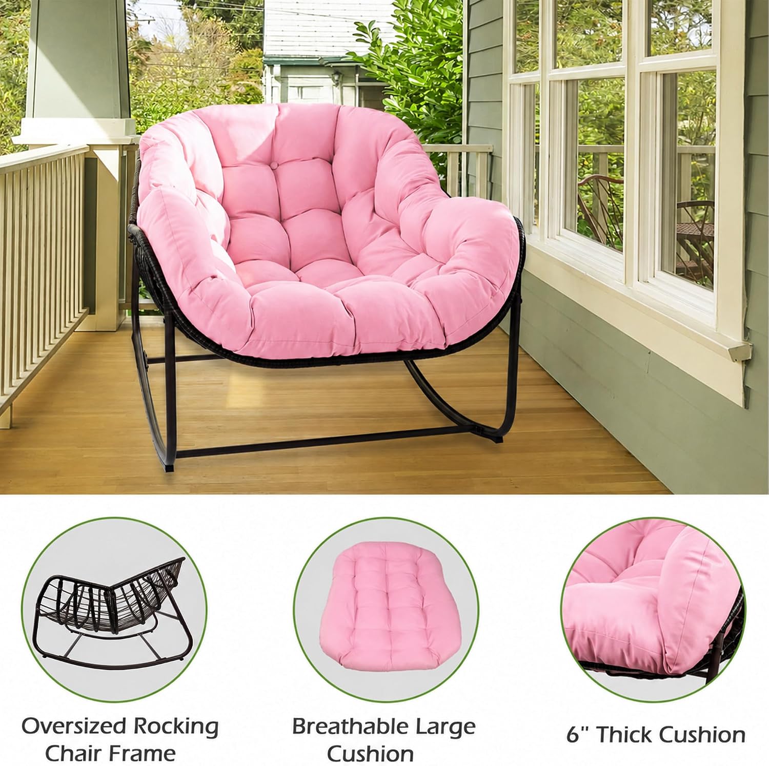 Papasan Rocking Chair, Oversized Papasan Chair with Cushion and Frame for Indoor& Outdoor,Egg-Shaped Patio Rocking Chair for Garden, Deck, Living Room, Pink