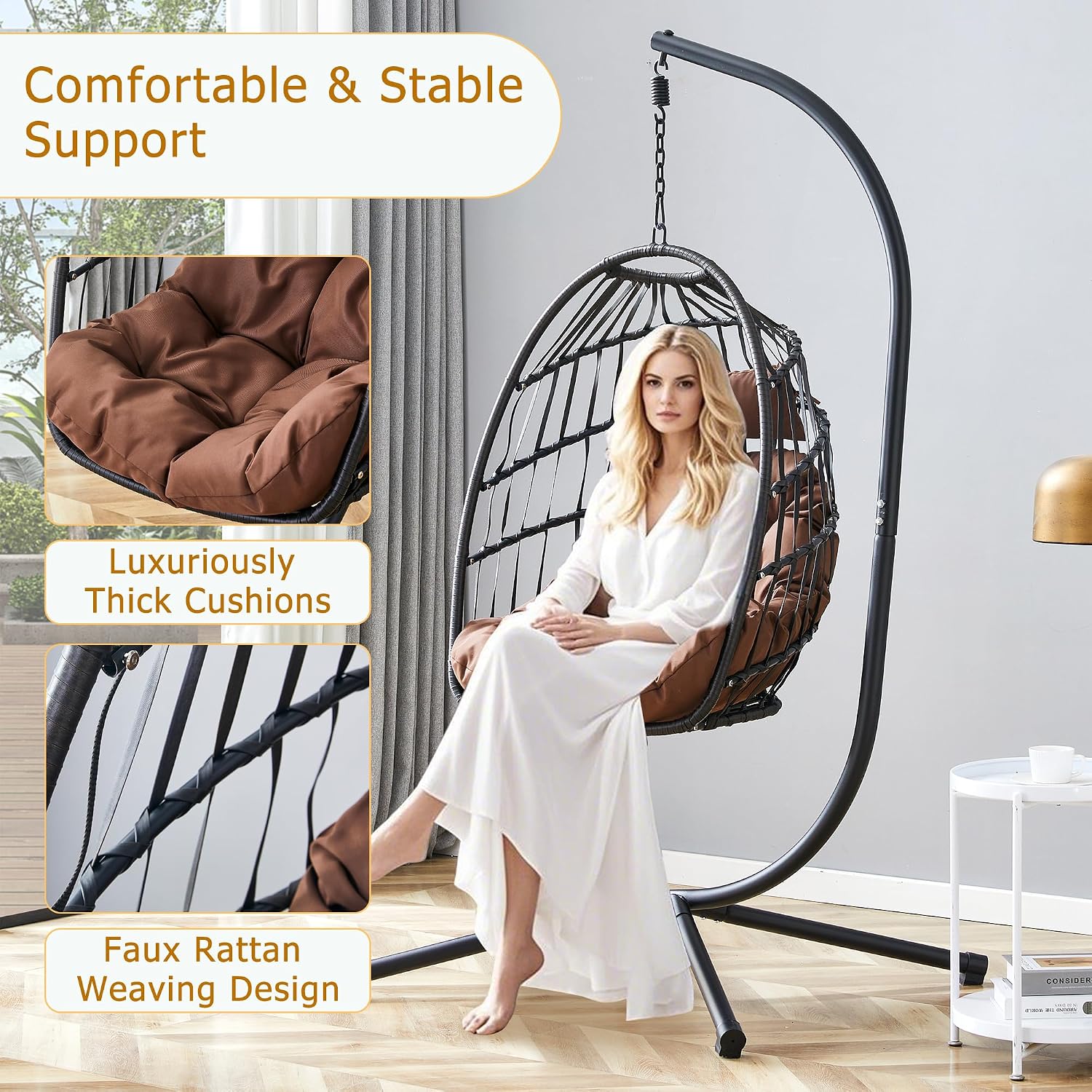 Egg Swing Chair with Stand, Indoor Outdoor Hanging Egg Chair with Thickened Metal Frame and Cushion, Patio Wicker Swinging Hammock Chair for Bedroom, Porch, Garden, Balcony (Black)