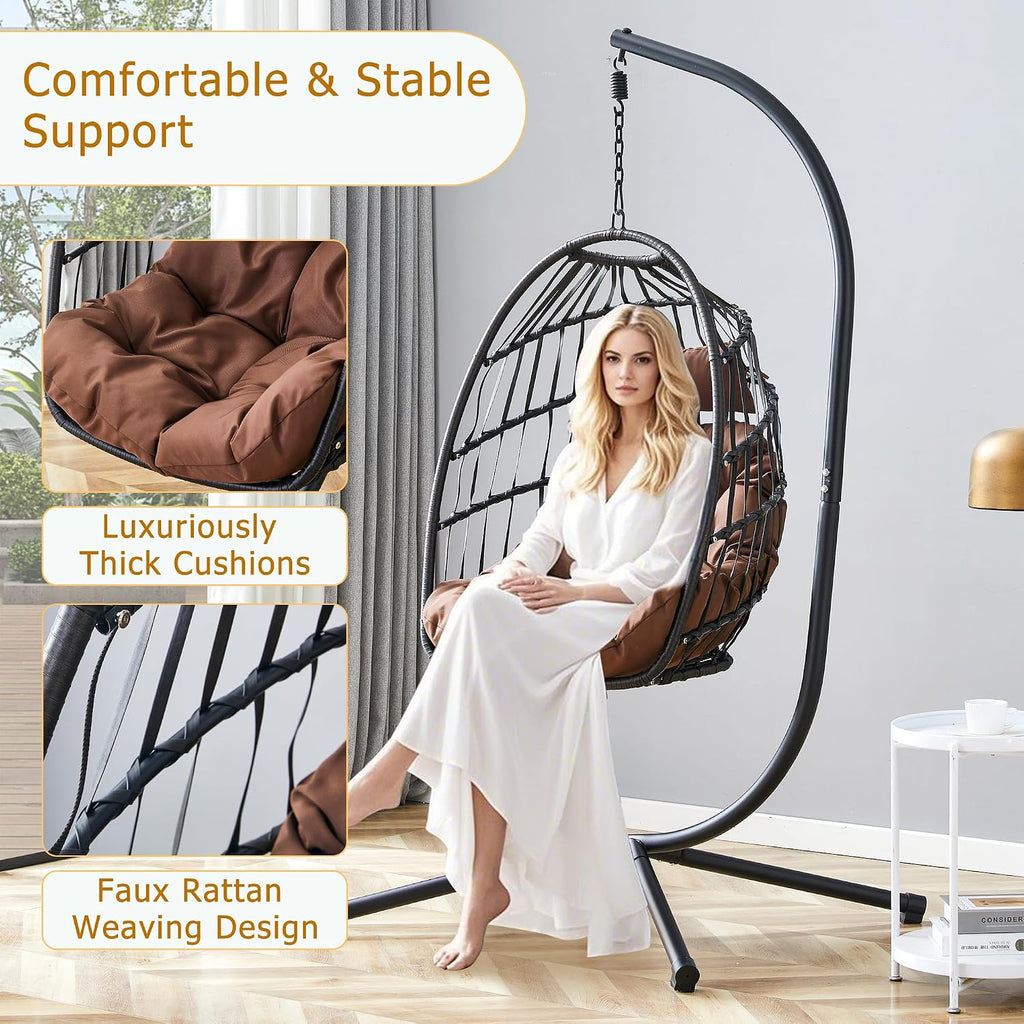 Egg Chair with Stand – Faux Rattan Wicker Hanging Hammock Chair, Soft Cushions & Pillow, Titanium Alloy Frame, UV-Resistant, All-Weather, Easy Assembly, 350 lbs Capacity for Patio, Garden, Balcony