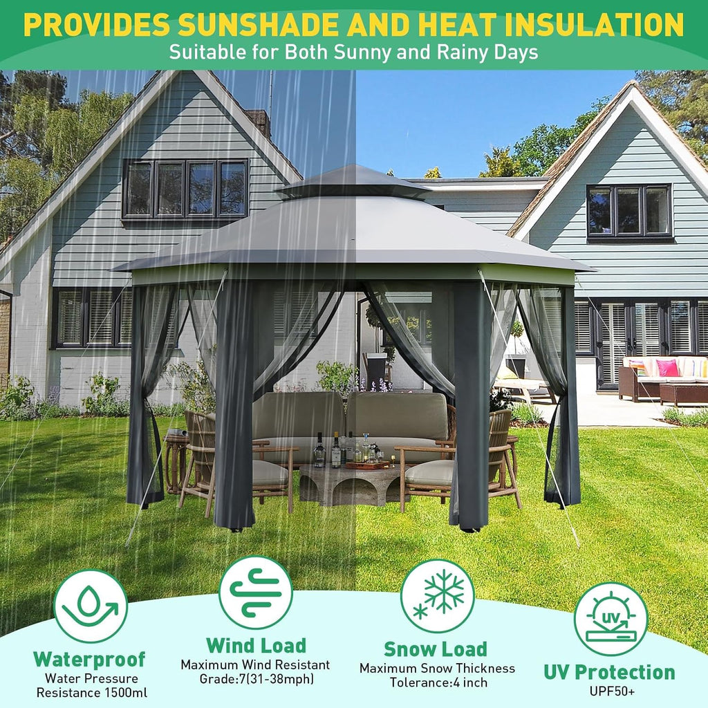 13x13 Ft 6-Sided Pop-Up Gazebo Canopy Tent with Removable Mesh Netting - Waterproof UV Protection Outdoor Instant Shelter for Patio, Backyard, Camping & Beach