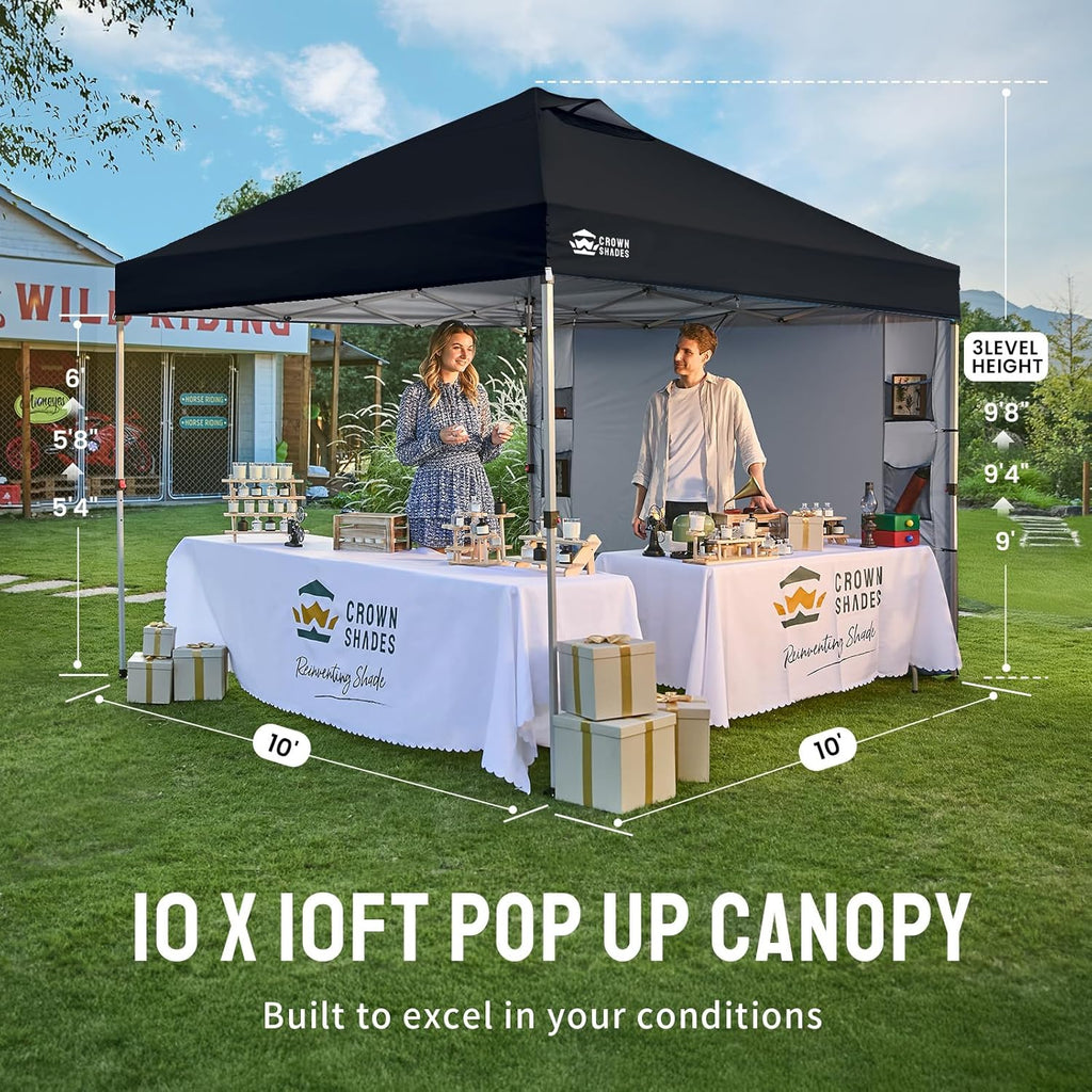 CROWN SHADES Canopy Tent, 10 x 10 Foot Portable Pop Up Outdoor Shelter with Pocket Sidewall, Push Center Lock, UV Protection, and Carry Bag, Black