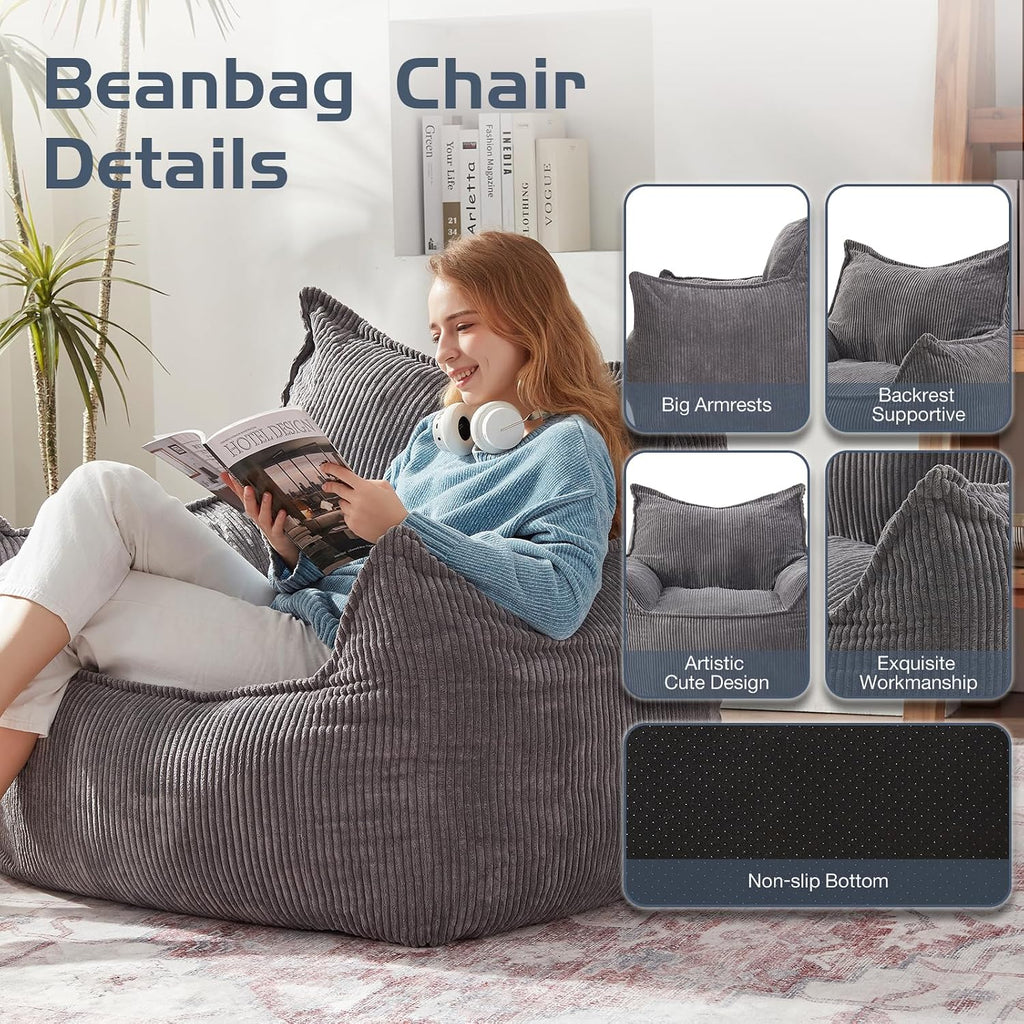EBENCHICO Giant Bean Bag Chair Sofa for Adults Teens, Comfy Corduroy Large Bean Bag Chairs with Armrests for Bedroom Living Room, Adult BeanBag Lazy Sofa Couch Chairs with Filler Included