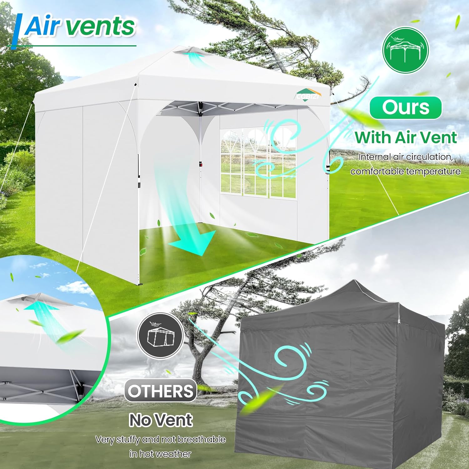 COBIZI 10x10 Pop Up Canopy with 3 Removable Sidewalls, Easy Pop Up Comercial Instant Canopy with One Push Center Lock, Waterproof Canopy with Sidewalls for Event, Rope & Stakes & Sandbags, White