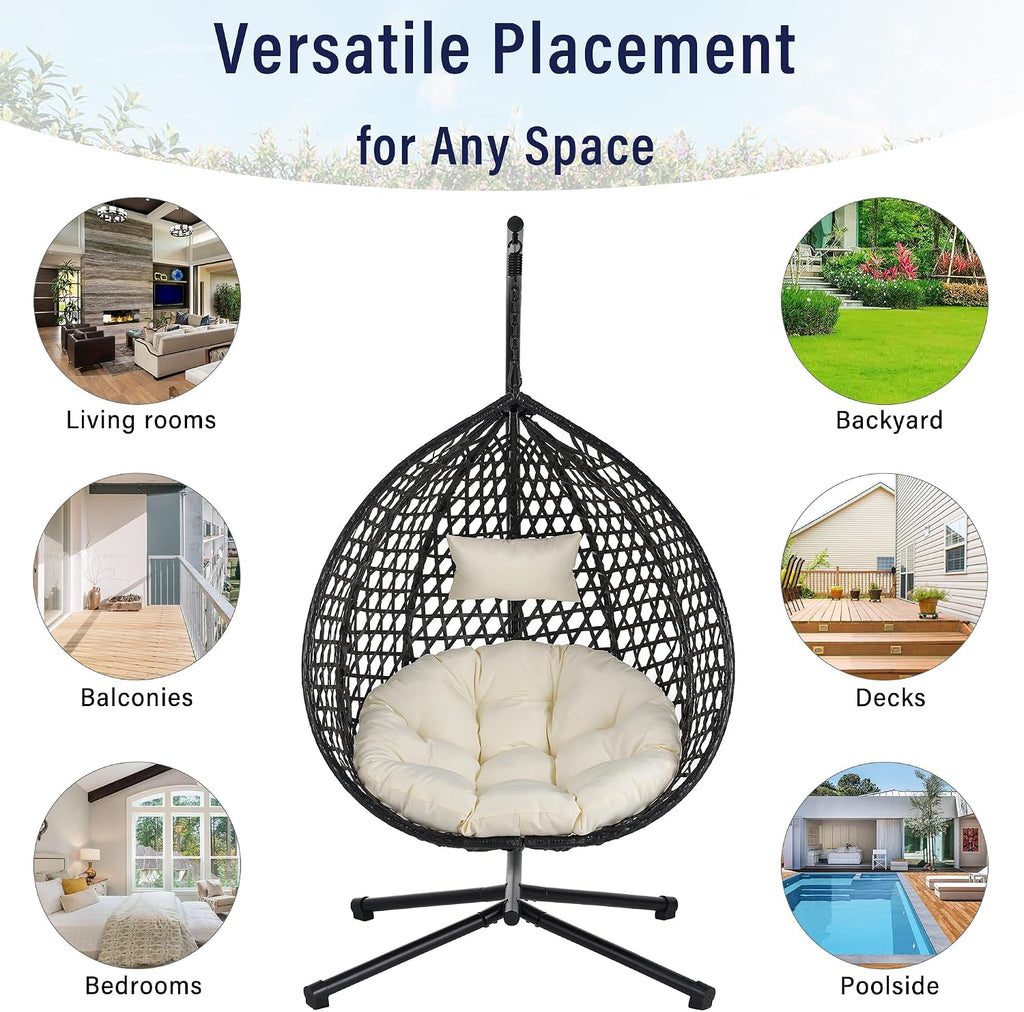 Indoor Outdoor Hammock Chair with Stand, Rattan Egg Hanging Swing Chair with Cushion for Balcony Bedroom Garden (Black+Beige)