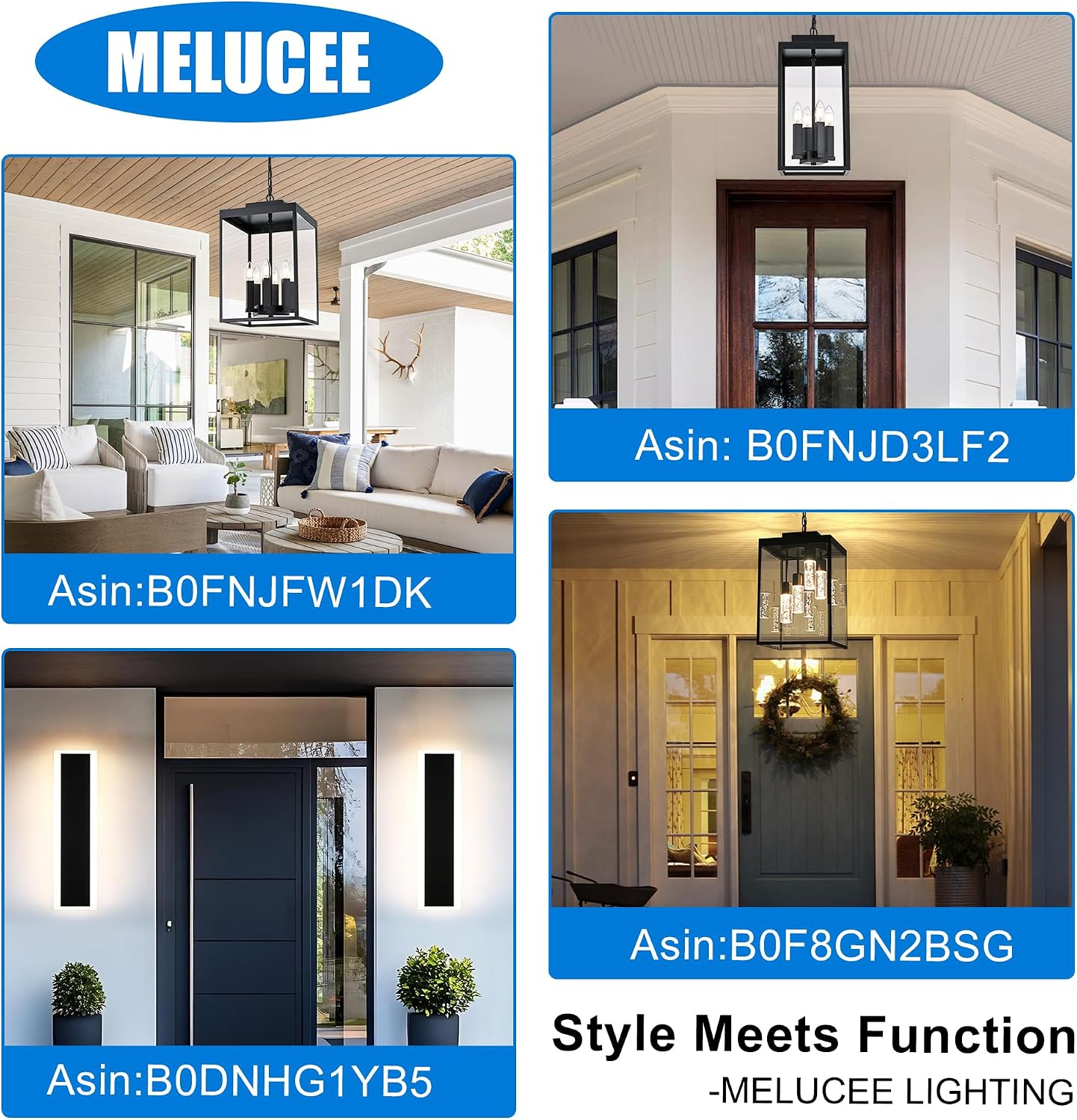 MELUCEE Large Outdoor Pendant Light Fixtures 4-Light, Farmhouse Exterior Hanging Lantern Porch Light, Black Hanging Lamp Ceiling Mount Outdoor Chandelier for Porch Patio Gazebo Entrance