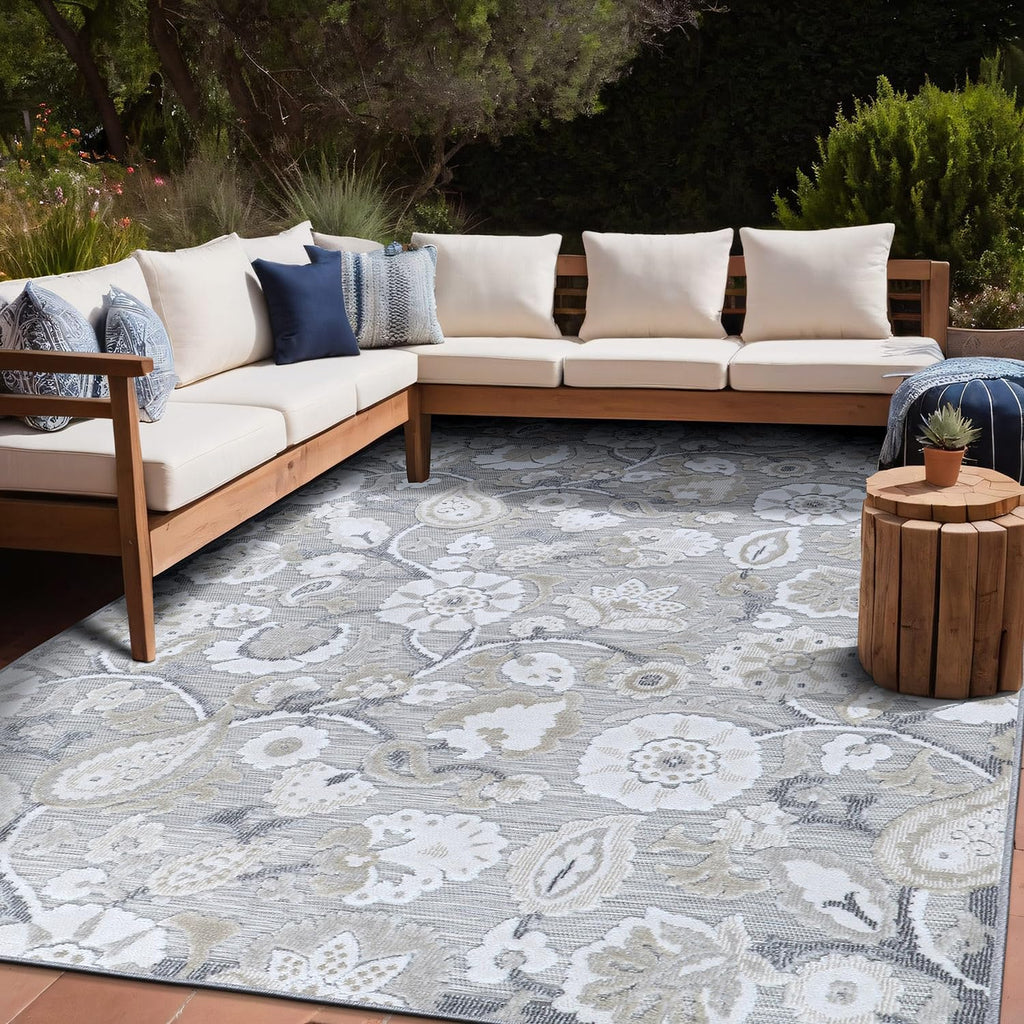 Luul Home Floral Indoor Outdoor Rugs 10x14 Large Area Rug for Living Room, Patio Decor, Kitchen, and Entryway Rug, Washable Stain Resistant Outside Carpet Beige 10 x 14