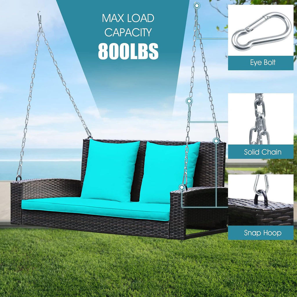 Tangkula 2-Person Wicker Hanging Porch Swing, Patiojoy Outdoor Rattan Swing Bench W/ 2 Back Cushions & 1 Seat Cushion, Sturdy Steel Chain, 800lbs Weight Capacity, Suitable for Deck, Backyard, Garden