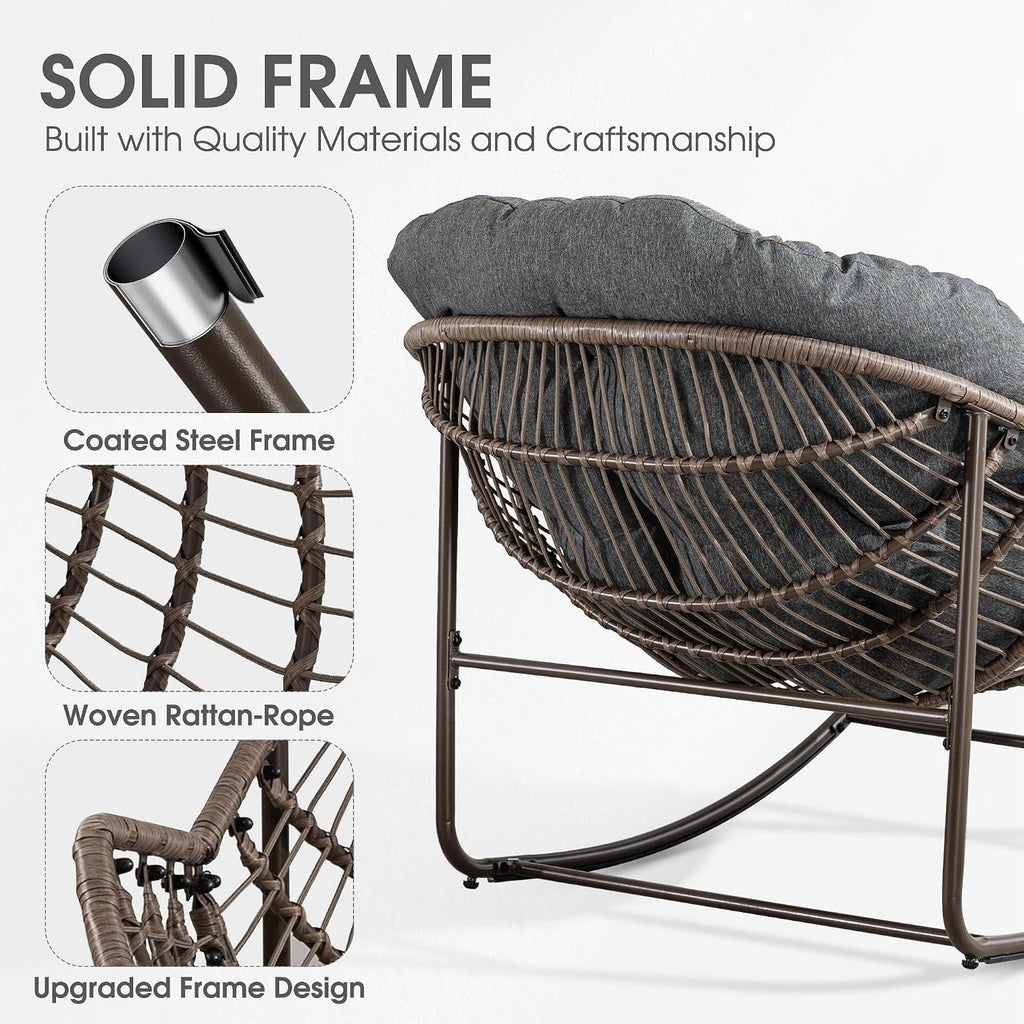 Oversized Papasan Rocking Chair - Outdoor Luxury Comfy Patio Chair Indoor Egg Royal Rattan Rocking Chair with Cushion for Front Porch Lounge Lawn Bedroom Living Room (Grey)