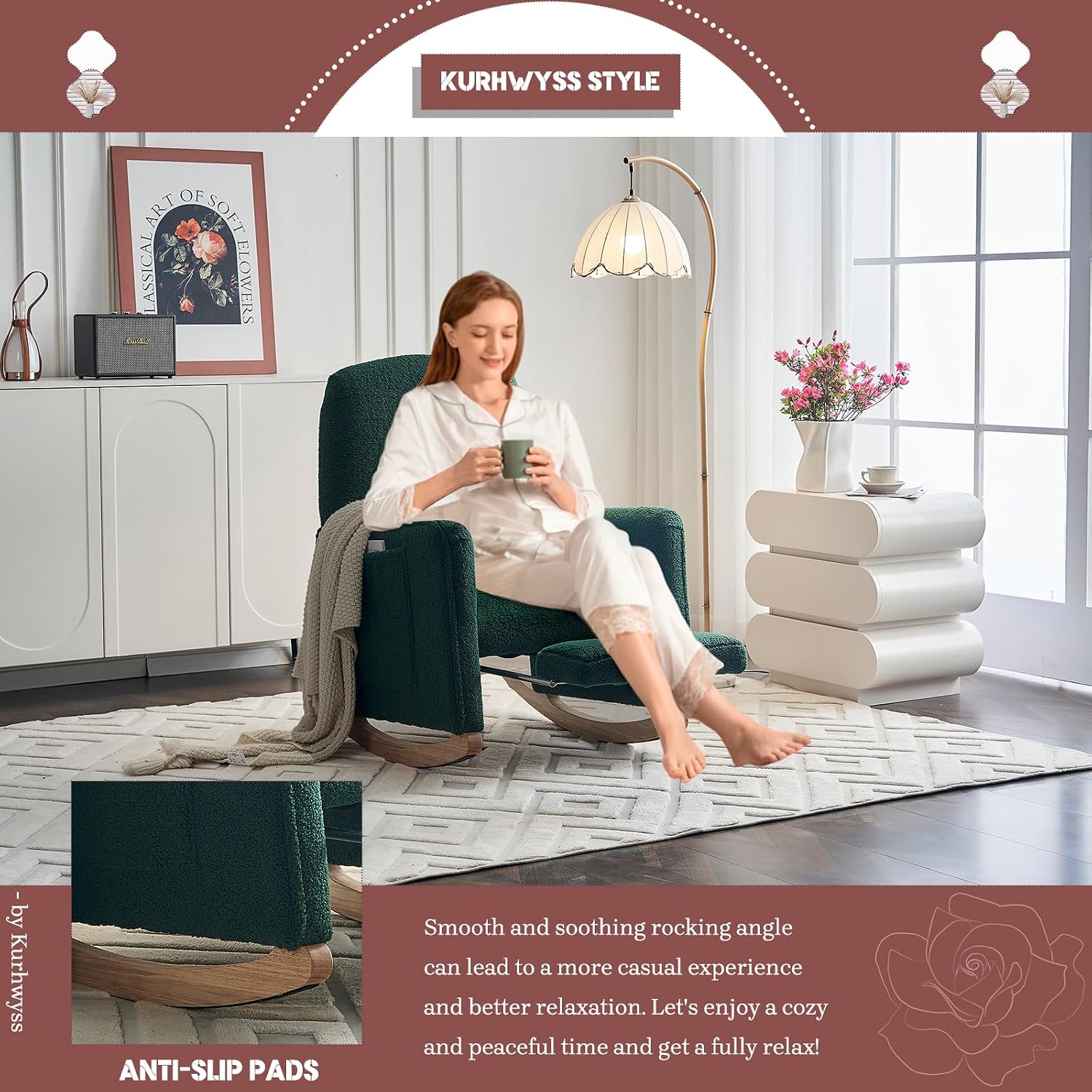 Modern Rocking Chair Nursery, Comfy Glider Nursery Chair with Foot Rest, Upholstered Rocker with Pocket, Accent Reading Armchair with Solid Wood Base for Living Room, Bedroom, Lounge Room (Green)