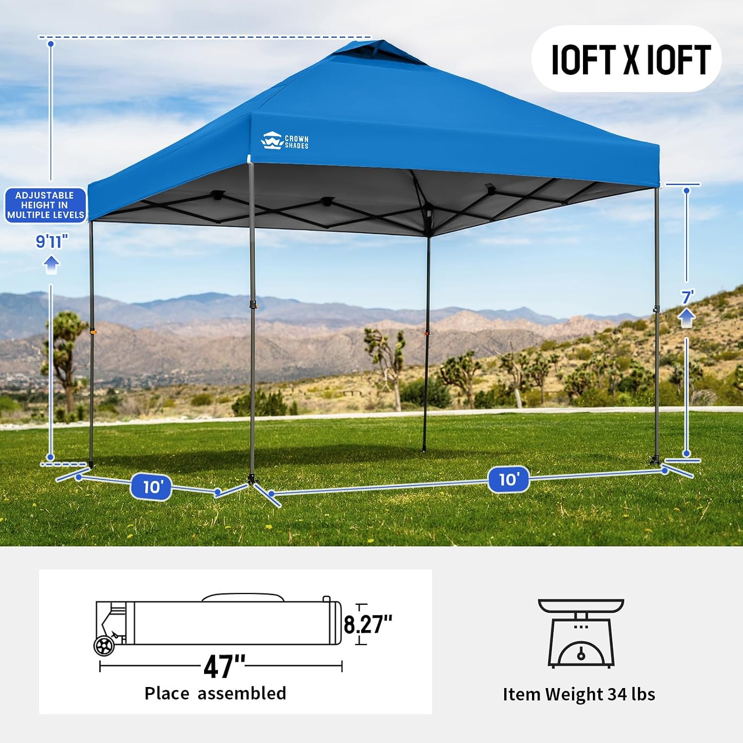 CROWN SHADES Adjustable Height on The Fly, 10x10 Pop Up Canopy - Beach Tent with One Push Setup - Easy Outdoor Sun Shade for Events, Parties, Camping - Outside Shade with STO-N-Go Bag, Blue