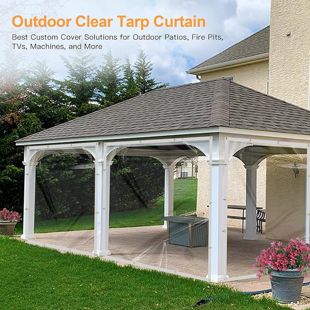 8 x 20FT Outdoor Clear Tarp Curtain Waterproof Wind-Proof 24 Mil Transparent Vinyl Tarp for Patio Pergola Garden Canopy Rainproof Anti-Tear PVC Thick Cover with Grommets