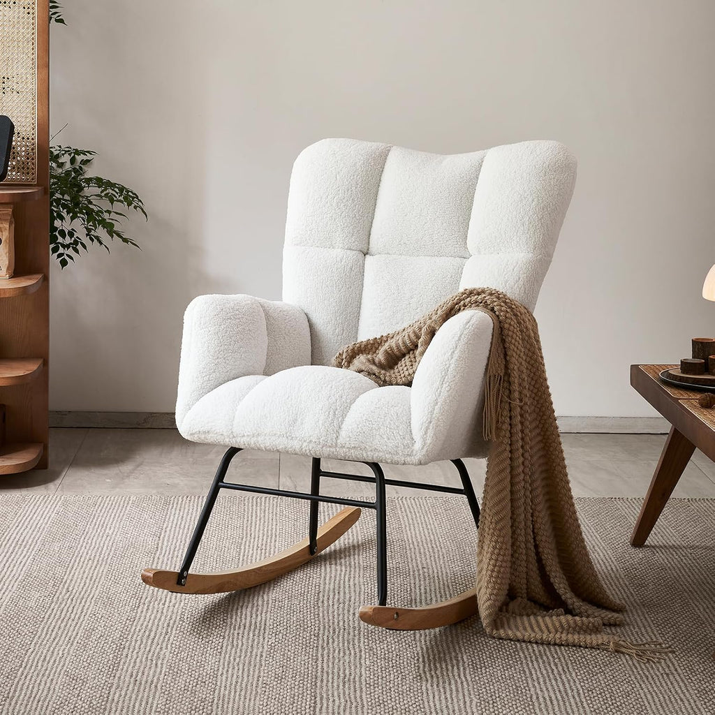 Rocking Chair Nursery, High Backrest Teddy Glider Rocker Upholstered Rocker Recliner Modern Rocking Accent Chairs for Bedroom, Living Room, Offices (Ivory)