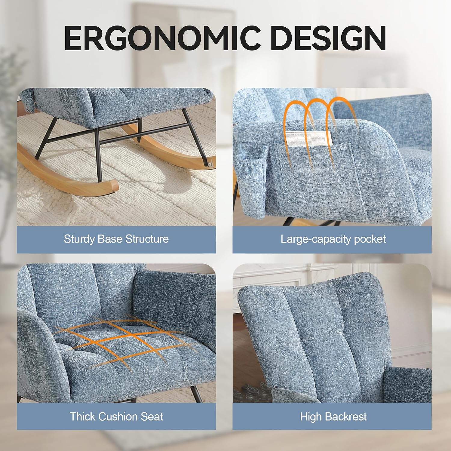 Rocking Chair with Airbag, Comfy Modern Reading & Nursing Nursery Rocking Chair Indoor, Cozy Upholstered Glider Rocker Chairs for Living Room Bedroom Offices, (Chenille, Blue)