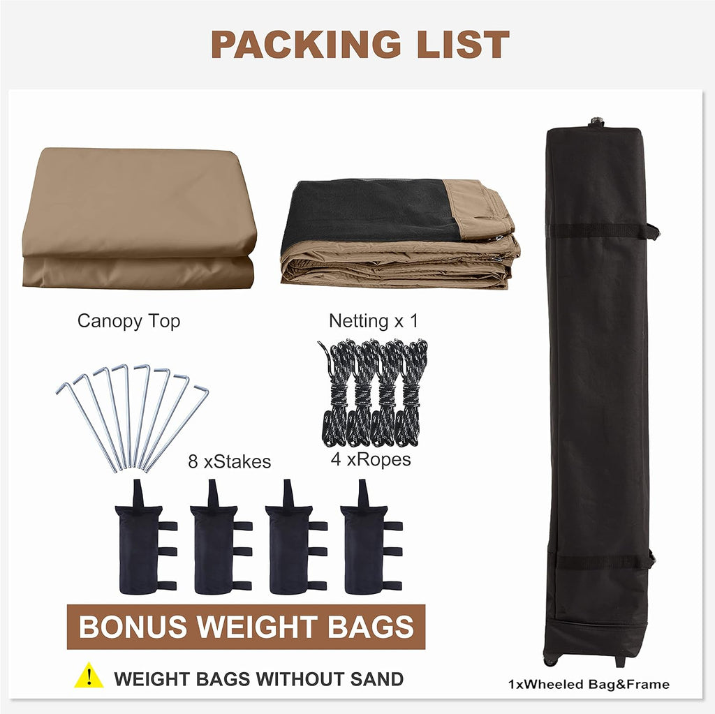 MASTERCANOPY Pop-Up Setup Outdoor Canopy with Netting Screen Walls(8x8, Khaki)