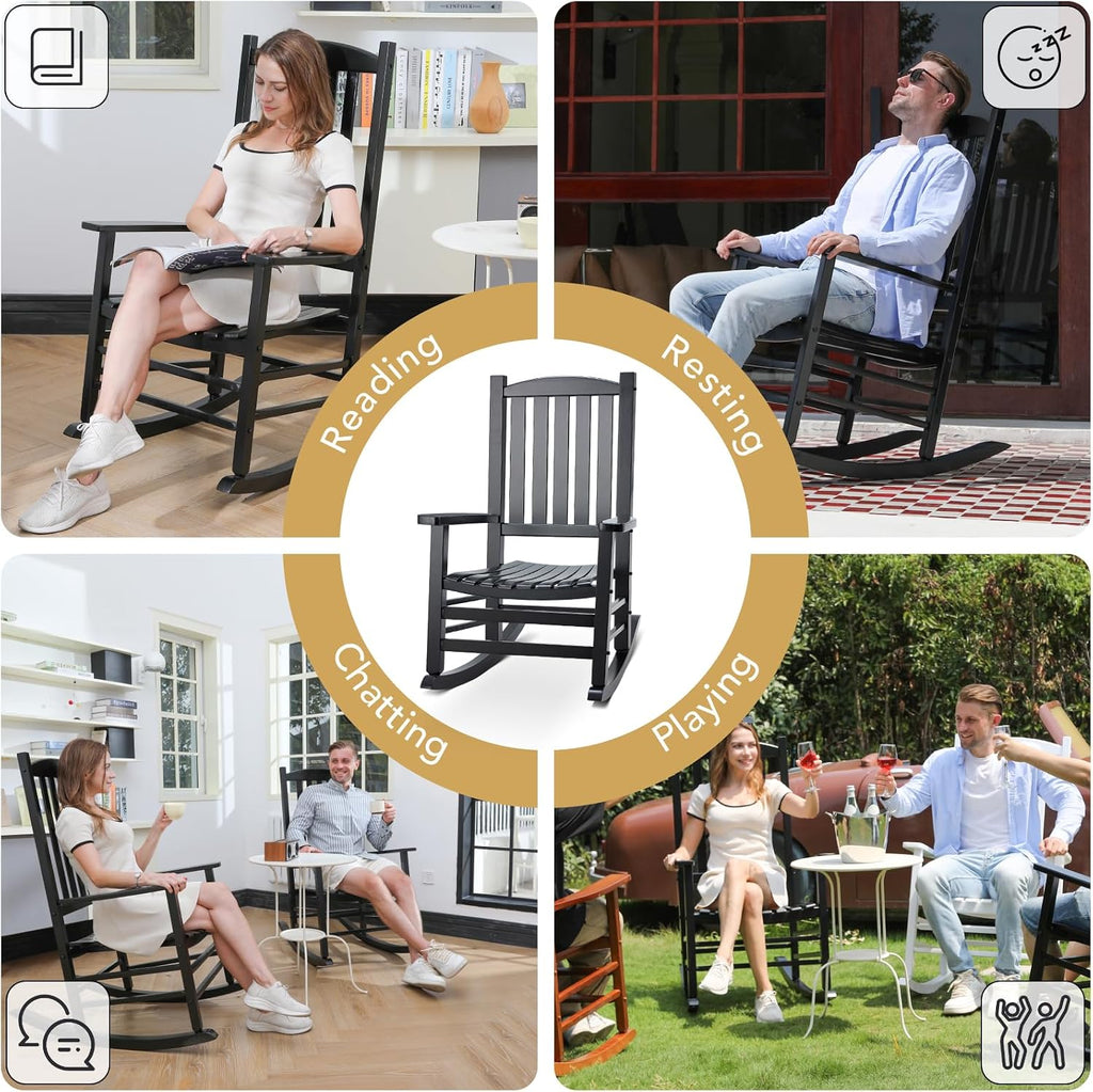 Wooden Outdoor Rocking Chair, Oversized Patio Rocking Chair w/400lbs Support & High Backrest | Porch, Lawn, Garden, Backyard，Black