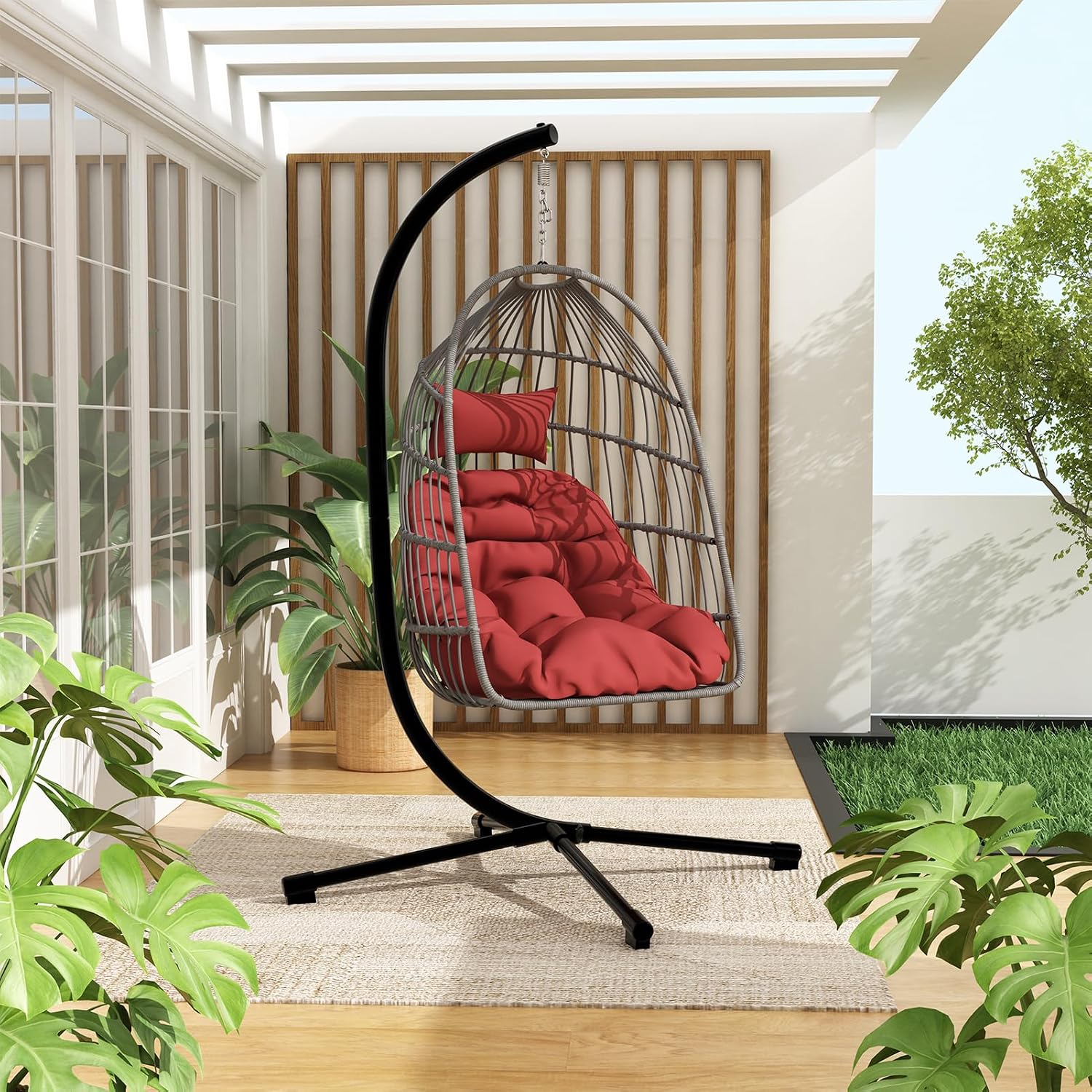 Foldable Hanging Egg Chair with Stand, HDPE Rattan and Heavy Duty Aluminum-Steel Frame, Outdoor Patio Wicker Swing Egg Chair with Headrest and Cushion, 350 Lbs Capacity, Red
