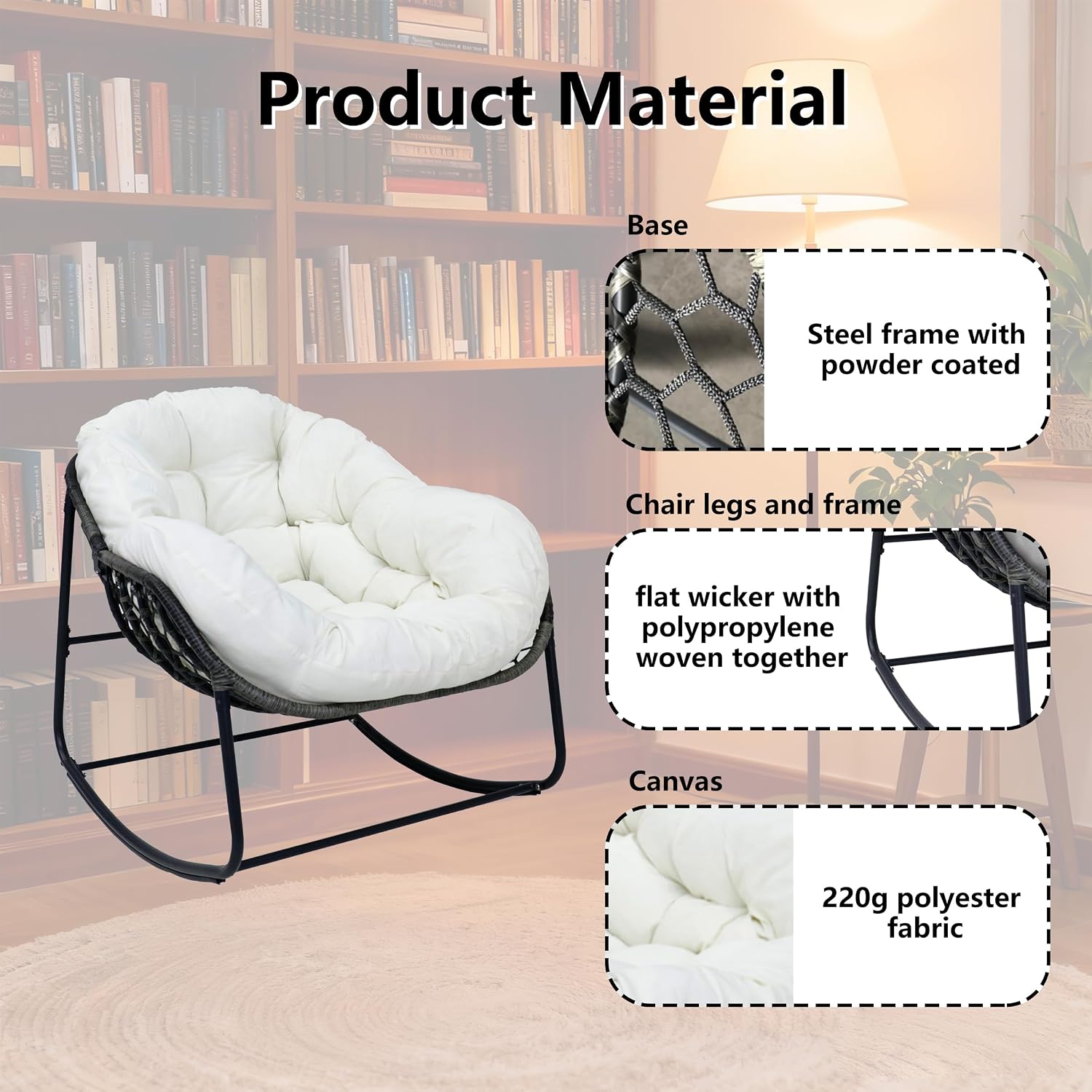Deluxe Patio Rocking Chair with Padded Cushion, Oversized Rattan Egg Rocking Chair, Indoor & Outdoor, Rocker Recliner Chair for Front Porch, Garden, Patio, Backyard (61611842-1)