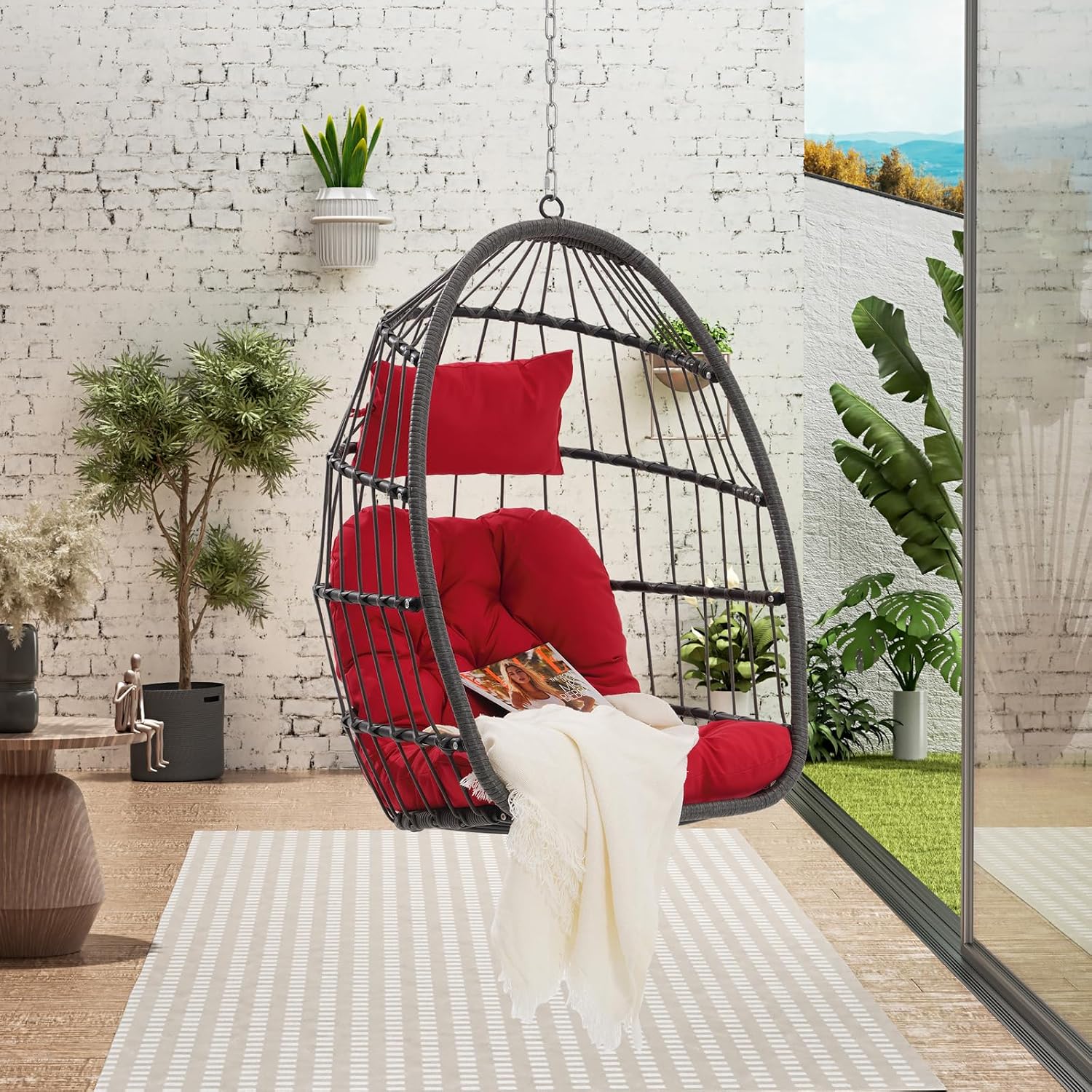 Egg Swing Chair with UV Resistant & Strong Frame, Wicker Rattan Egg Chair with Stand, 360 lbs Capacity Hanging Chairs for Indoor & Outdoor Use, Patio Balcony Garden Bedroom, Red