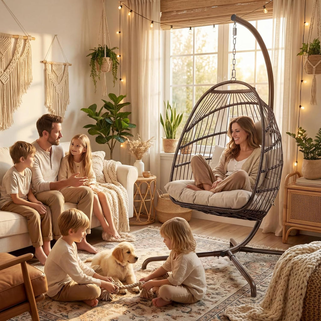 NICESOUL Outdoor Egg Hanging Chair with Stand, Indoor Wicker Swing Egg Chair with Stand 350lbs, Patio Swinging Hammock Chair for Outside, Egg-Shaped Chair for Balcony Bedroom Porch, Brown with Cover