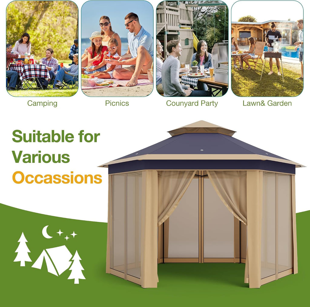 13x13 Pop Up Gazebo Outdoor Hexagonal Canopy Tent with Mosquito Netting Sides Instant Patio Canopy Shelter, Rain & UV Resistant PA Coated Fabric, for Patios, Garden, Parties, Lawns Backya