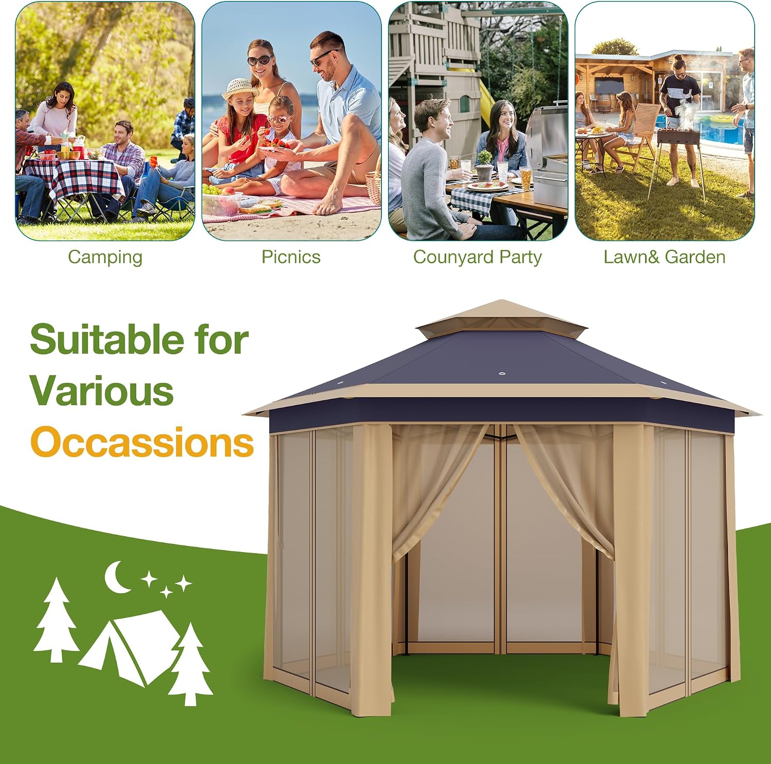 13x13 Pop Up Gazebo Outdoor Hexagonal Canopy Tent with Mosquito Netting Sides Instant Patio Canopy Shelter, Rain & UV Resistant PA Coated Fabric, for Patios, Garden, Parties, Lawns Backya