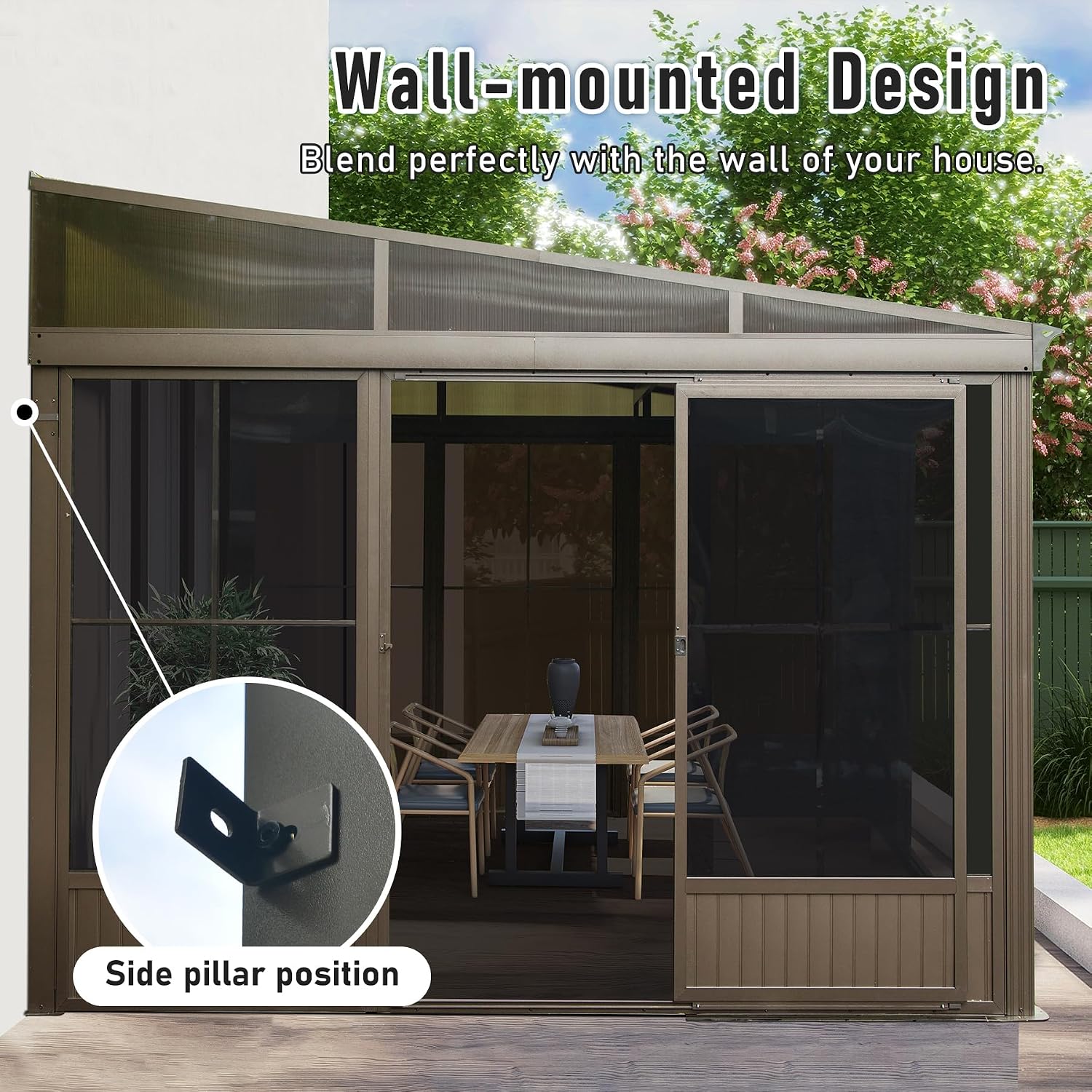 Domi Lean-to Sunroom 10x12FT, Wall Mounted Solarium with Galvanized Steel Sloping Roof, Moveable PVC Screen, Front Door&Side Sliding Door, Aluminum Gazebo Against Wall Sun Room for Patio Deck