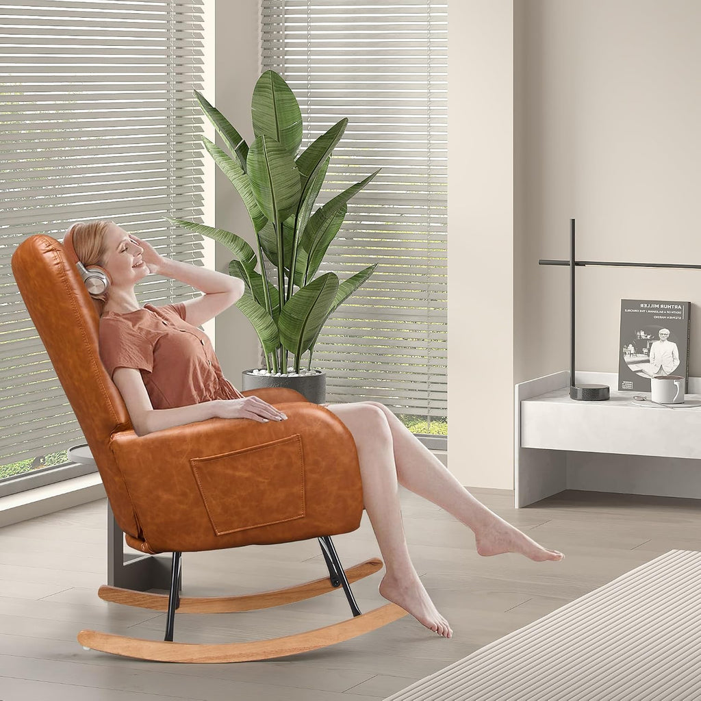 VECELO Rocking Chair Nursery with Thick Headrest, Modern PU Upholstered Reading Glider Rocker Accent Armchair with High Backrest, Padded Seat, Side Pocket, for LivingRoom, Bedroom, Baby Room, Brown