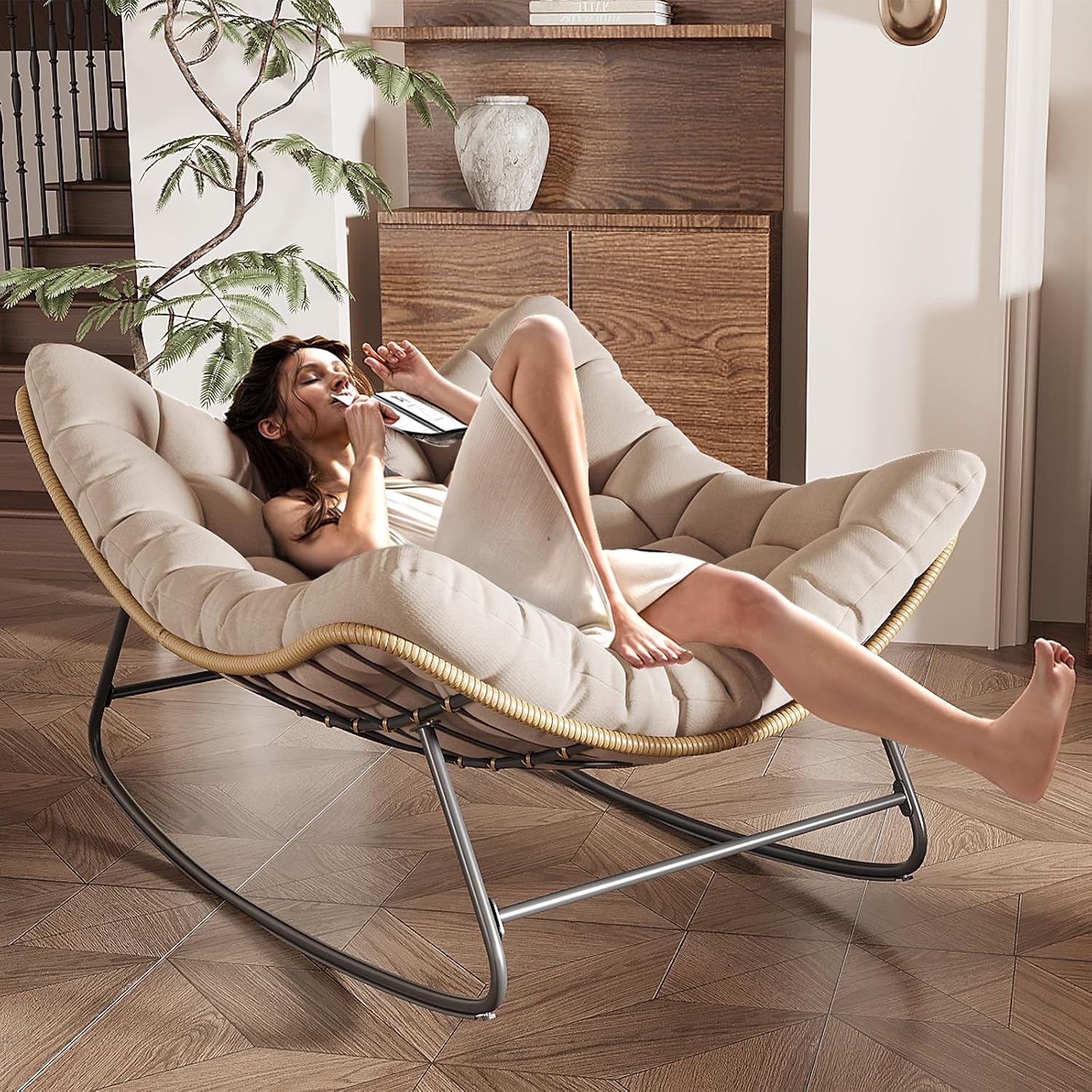 Outdoor Rocking Chair, Indoor Papasan Chair, Oversized Egg Rocking Chair with Thick Cushion, Rattan Wicker Rocker Lounge Chair for Bedroom, Living Room, Patio, Garden, Porch (Beige)