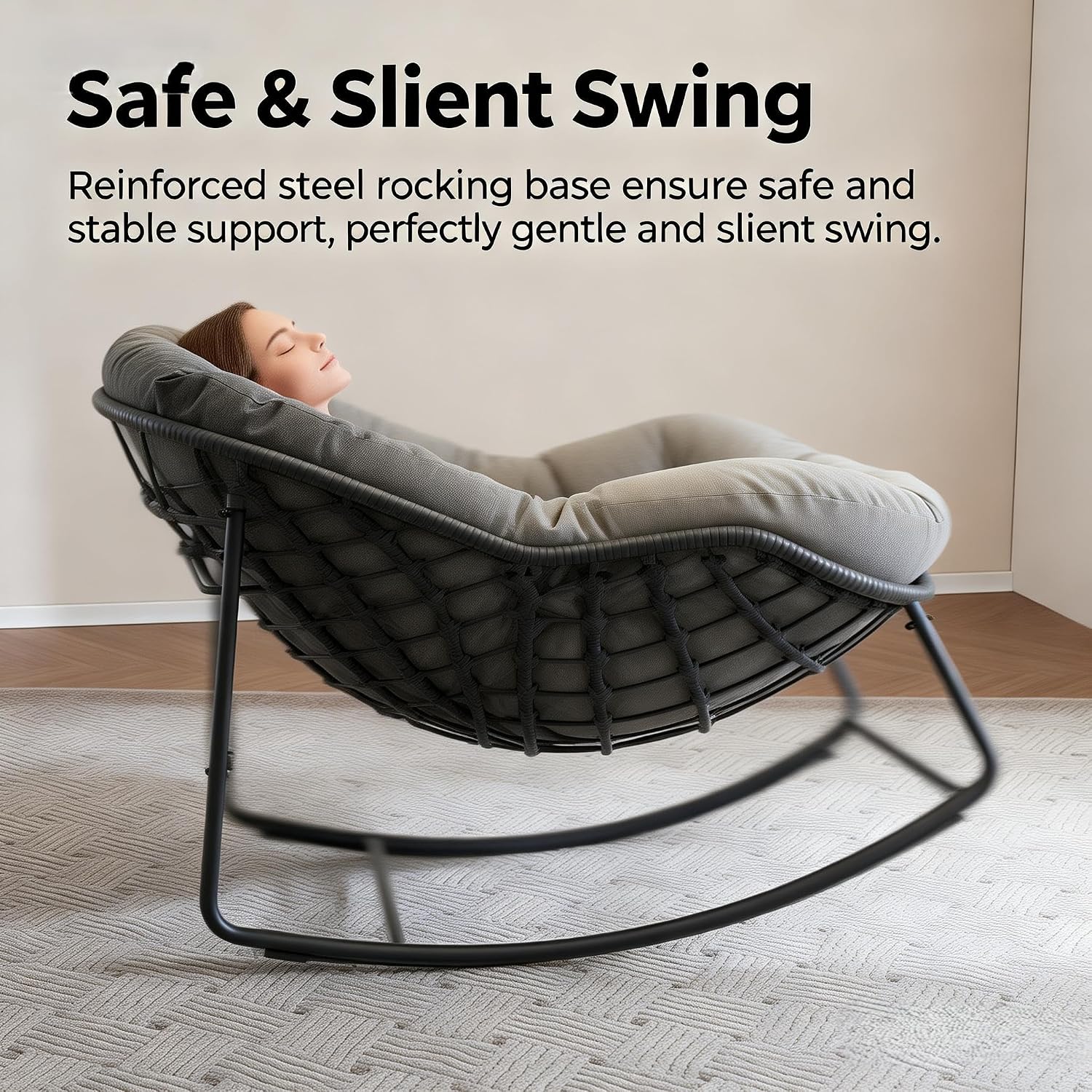 YDcosyfy Oversized Outdoor Papasan Rocking Chair Set of 2 with Soft Cushion, Comfy Patio Egg Chair, Wicker Lounge Rocker for Balcony/Porch/Garden, Reinforced All Weather Rattan Frame, Dark Grey