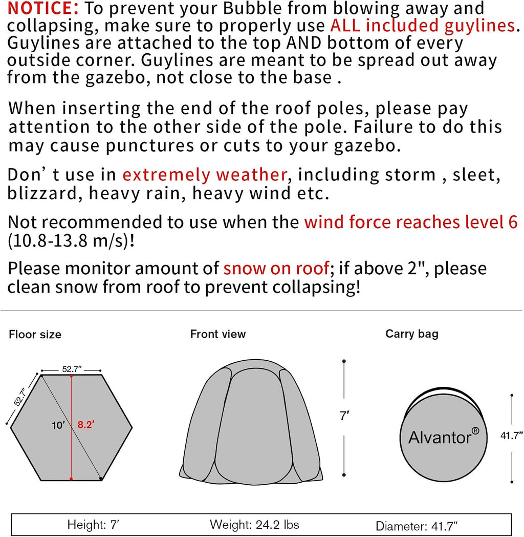 Alvantor® Pop Up Bubble Tent® - 10' x 10' Instant Igloo Tent® - 4-6 Person Screen House for Patios - Large Oversize Weather Proof Pod - Cold Protection Camping - Beige
