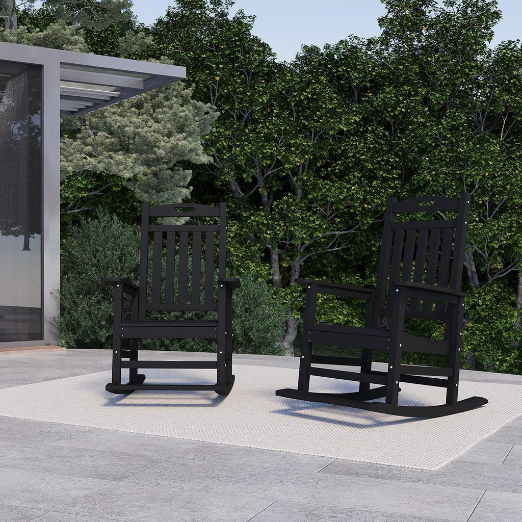 PLUUV Outdoor Rocking Chair, HDPE Patio Rocking Chairs with Footboard, All Weather Porch Rockers Outdoor for Adult, Effortless Installation, Black