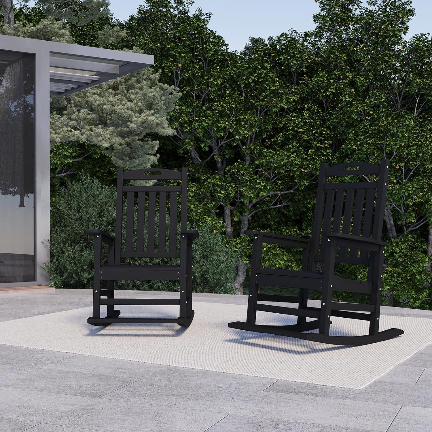 PLUUV Outdoor Rocking Chair, HDPE Patio Rocking Chairs with Footboard, All Weather Porch Rockers Outdoor for Adult, Effortless Installation, Black