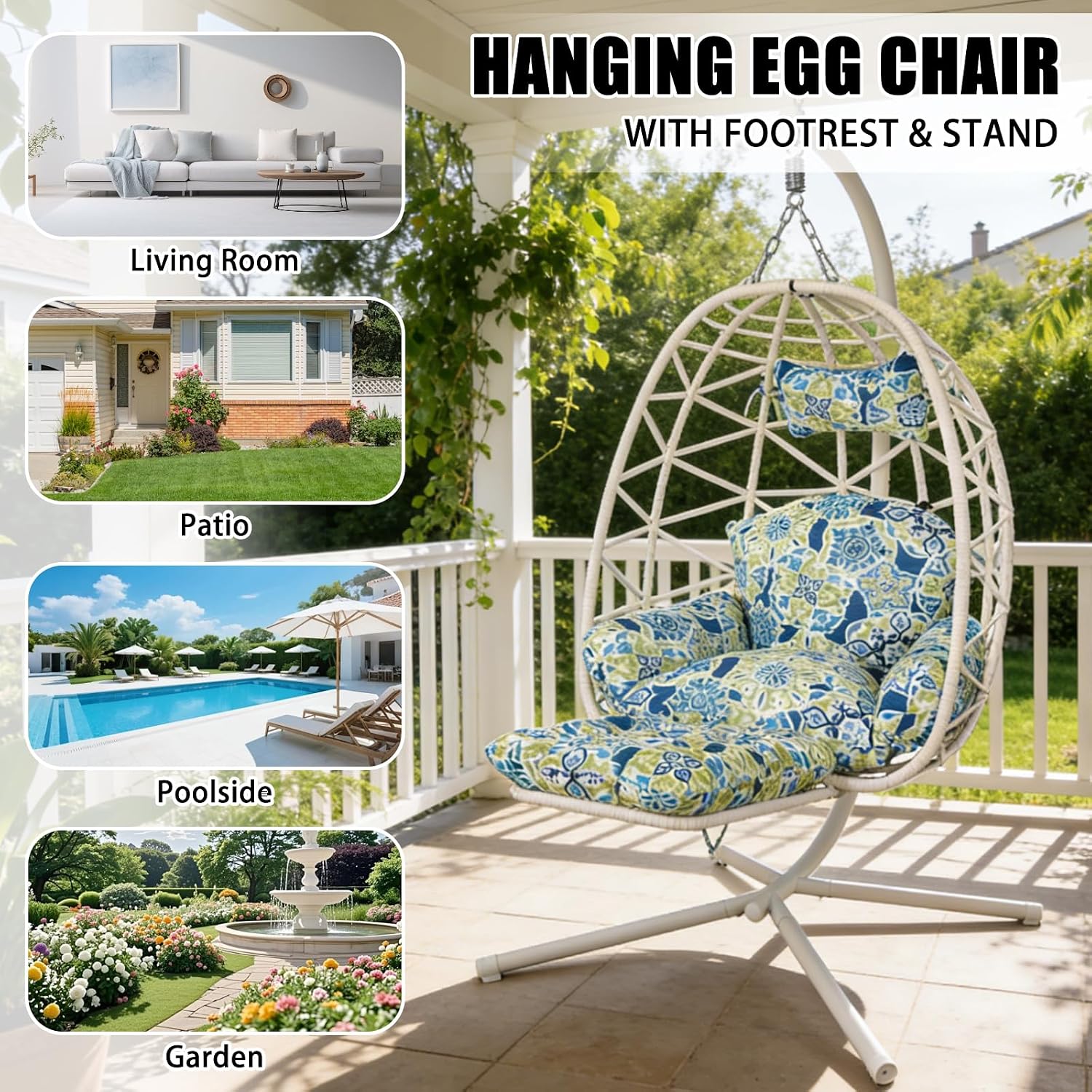Hanging Egg Chair with Stand & Leg Rest,Rattan Wicker Swing Chair with Cushion,Patio Basket Hanging Chair Wicker Hammock Chair for Indoor Outdoor Bedroom Garden,300LBS (White Rattan&Floral Cushion)