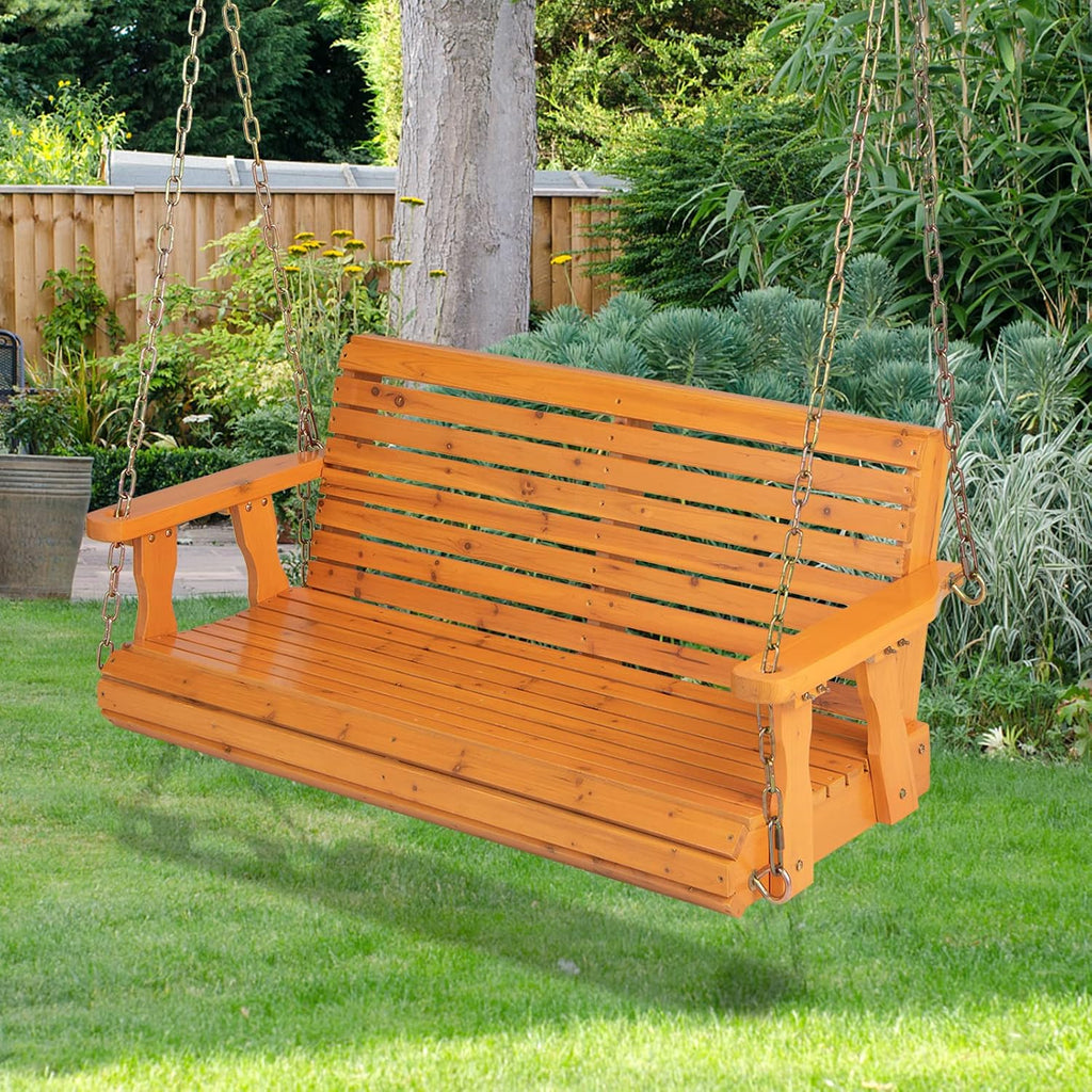 Giantex Wooden Porch Swing 2 Seat - Outdoor Swinging Chairs with Hanging Chains, 600 lbs Weight Capacity, 4 FT Finished Fir Wood Bench Swing for Patio, Outside, Garden, Lawn, Backyard (Orange)
