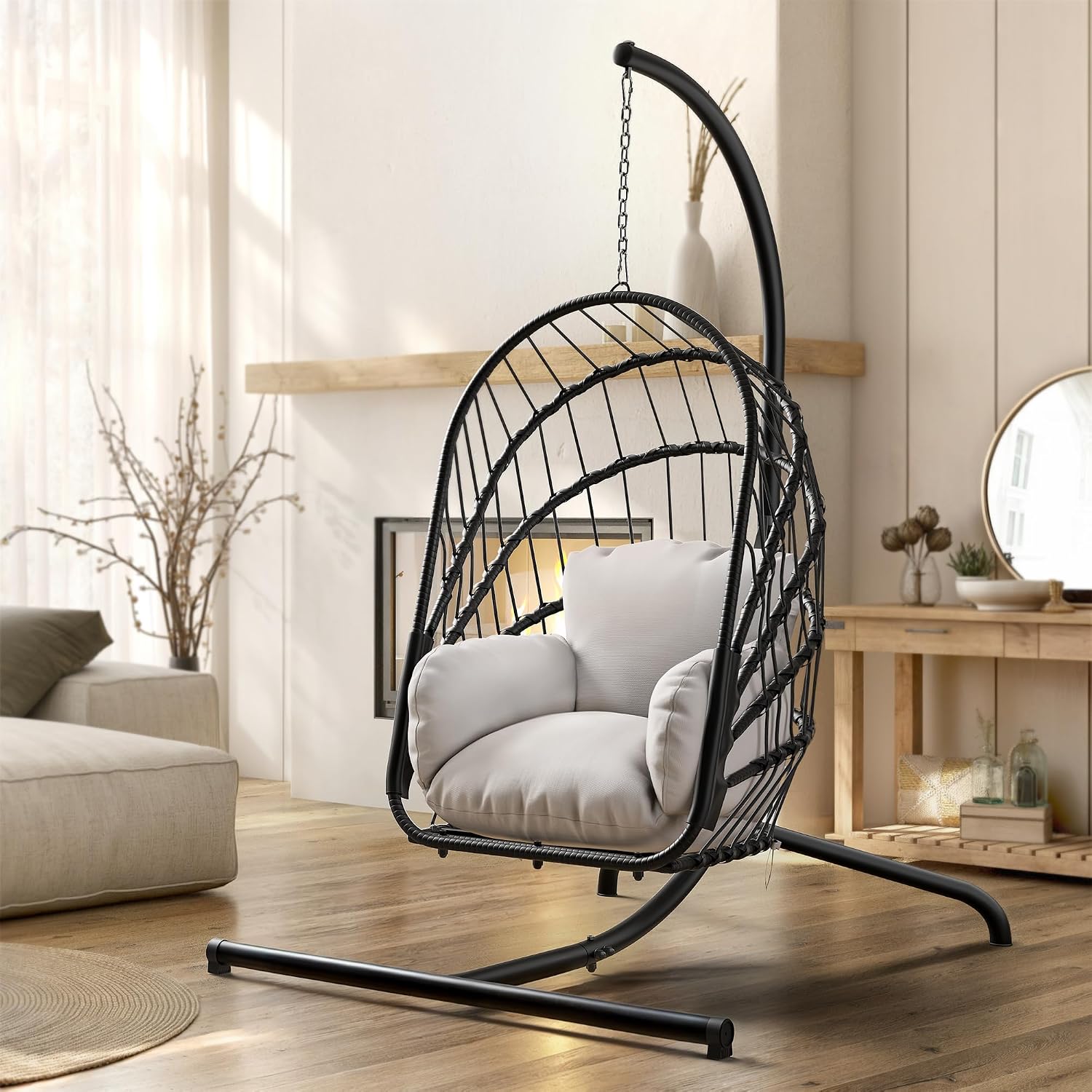 YITAHOME Hanging Egg Chair with Stand, Rattan Wicker Swing Egg Chair with Cushion, 350lbs Capacity, Foldable Hanging Rattan Basket Chair for Porch, Garden, Bedroom, Balcony, Grey