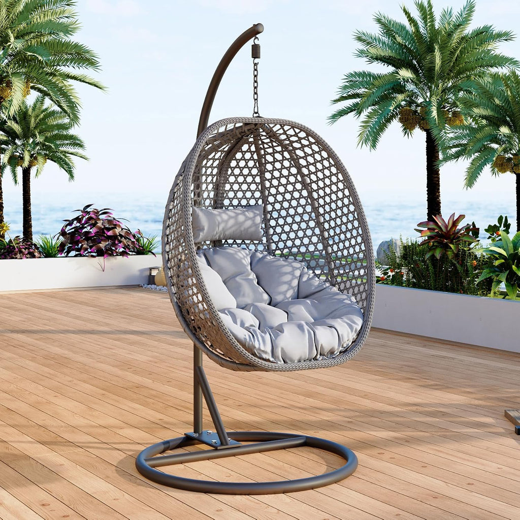 Egg Swing Chair Outdoor with Stand, Swinging Chair Outdoor,Hanging Egg Chairs with Cushion and Pillow, Foldable Basket and Metal Stand for Porch, Patio, Bedroom, Balcony (Grey)