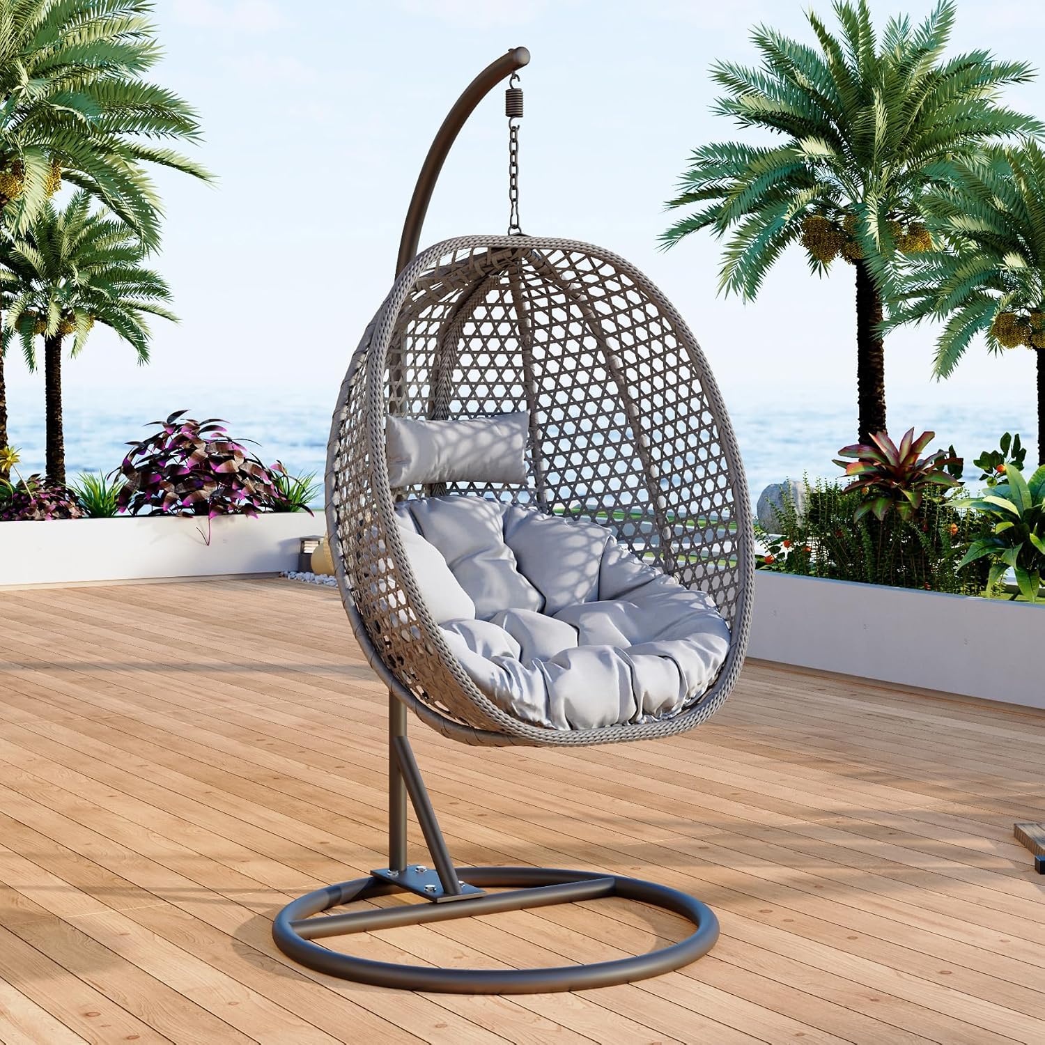 Egg Swing Chair Outdoor with Stand, Swinging Chair Outdoor,Hanging Egg Chairs with Cushion and Pillow, Foldable Basket and Metal Stand for Porch, Patio, Bedroom, Balcony (Grey)