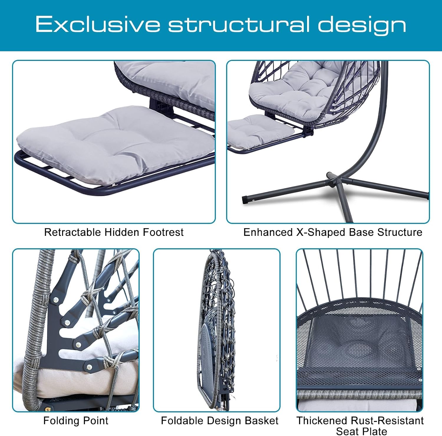 Hanging Egg Chair with Leg Rest and Stand – Rattan Wicker Swing Hammock Chair, UV-Resistant Cushion, Heavy-Duty Frame for Indoor & Outdoor Patio, Bedroom, Balcony, Garden – 330 lbs Capacity(Grey)
