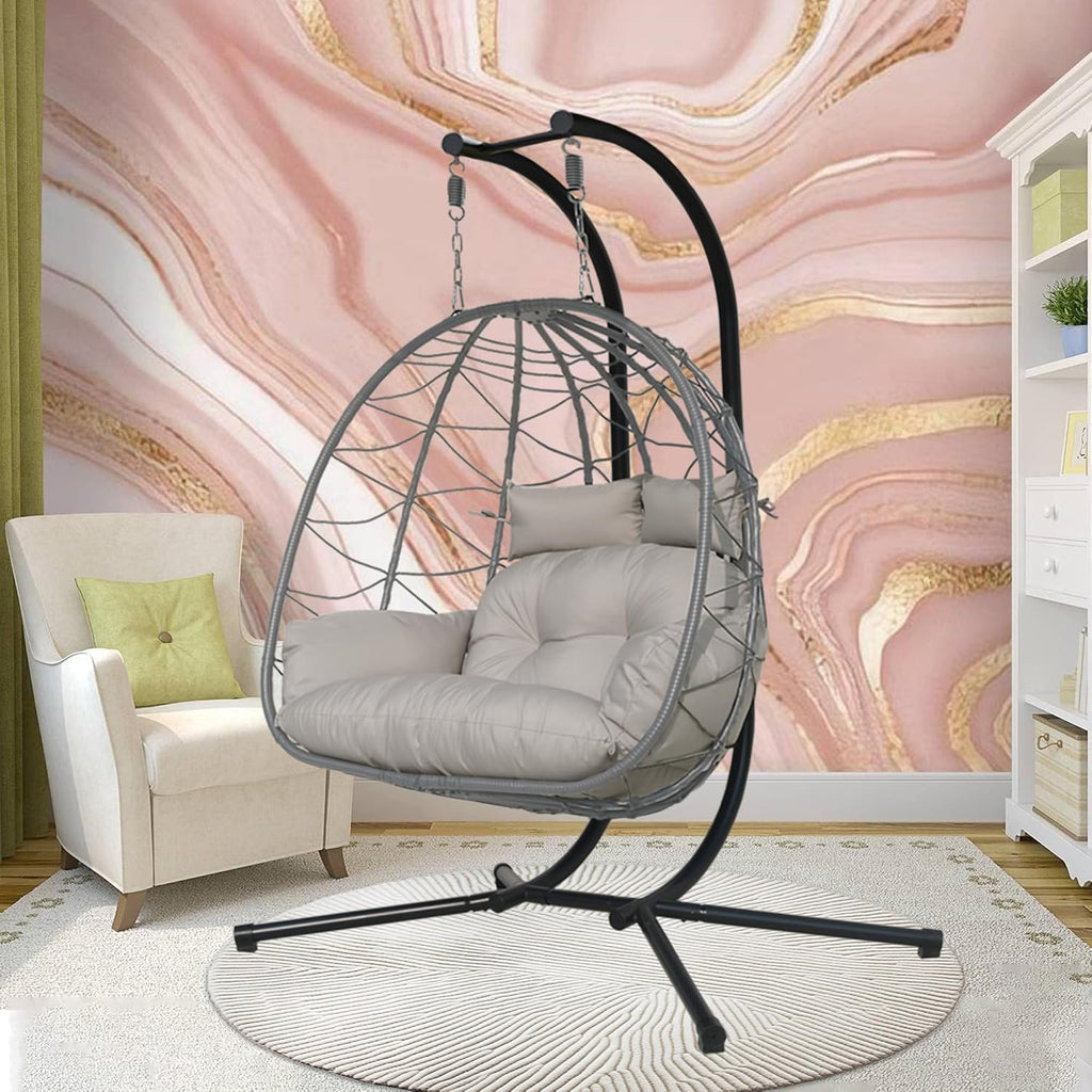 Double Egg Chair with Stand Patio Love Seats Chair w/Cushion Outdoor Waterproof Hanging Swing Wicker Rattan Basket (Double Gray)