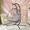 Double Egg Chair with Stand Patio Love Seats Chair w/Cushion Outdoor Waterproof Hanging Swing Wicker Rattan Basket (Double Gray)