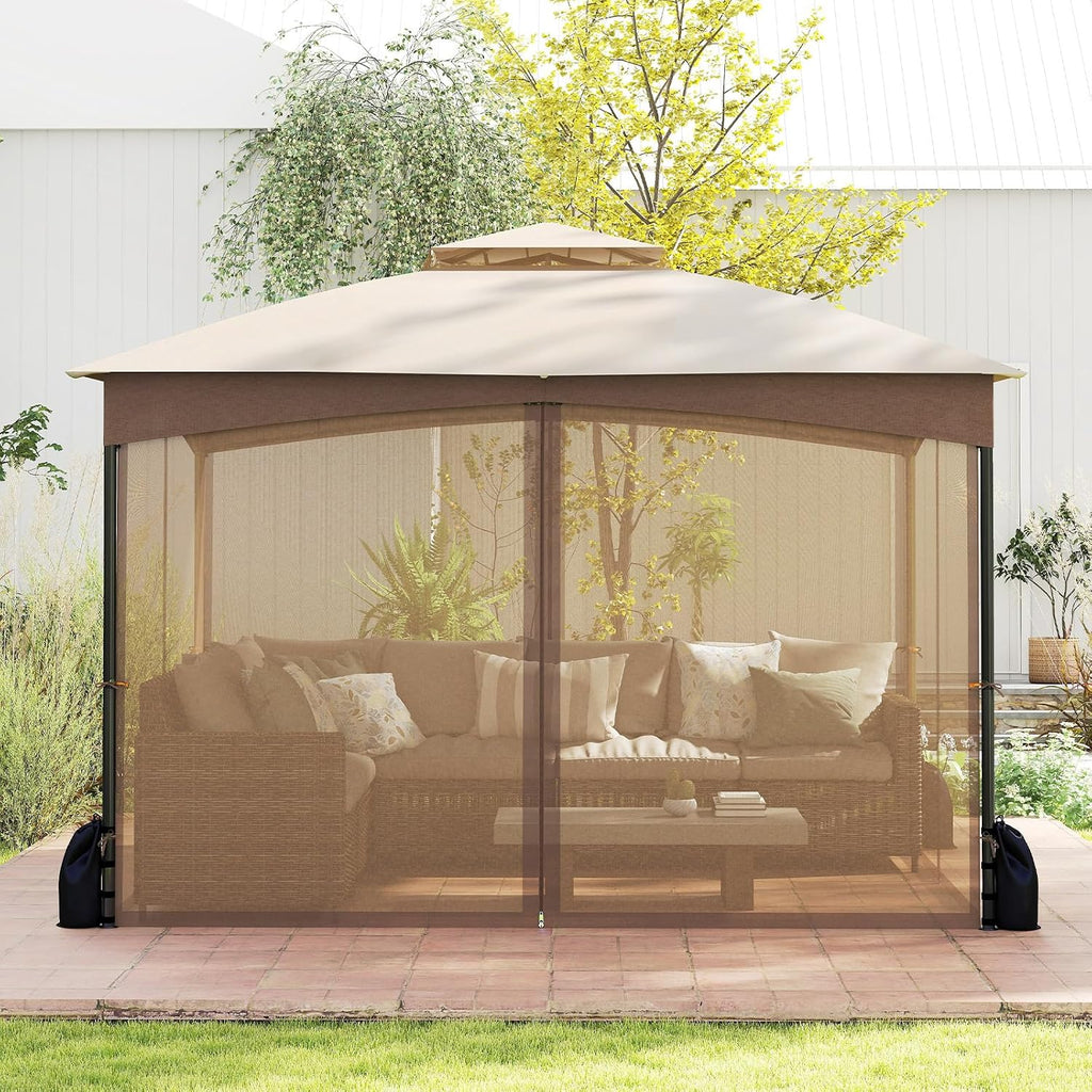 Tangkula 10x12 FT Outdoor Gazebo with Netting, Double Roof Patio Shelter with 4 Sandbags, Zippered Doors, Heavy-Duty Metal Frame, Metal Patio Gazebo for Yard Garden Lawn (Khaki)