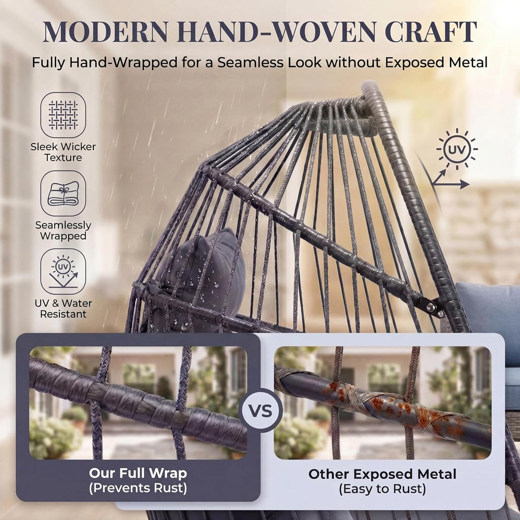 BULEXYARD Outdoor Egg Swing Chair with Stand, 350 Lbs Heavy-Duty Rattan Hammock Hanging Wicker Patio Chair with Cushion, Comfy Eggshell Basket for Indoor Bedroom Balcony Garden Porch, Dark Grey