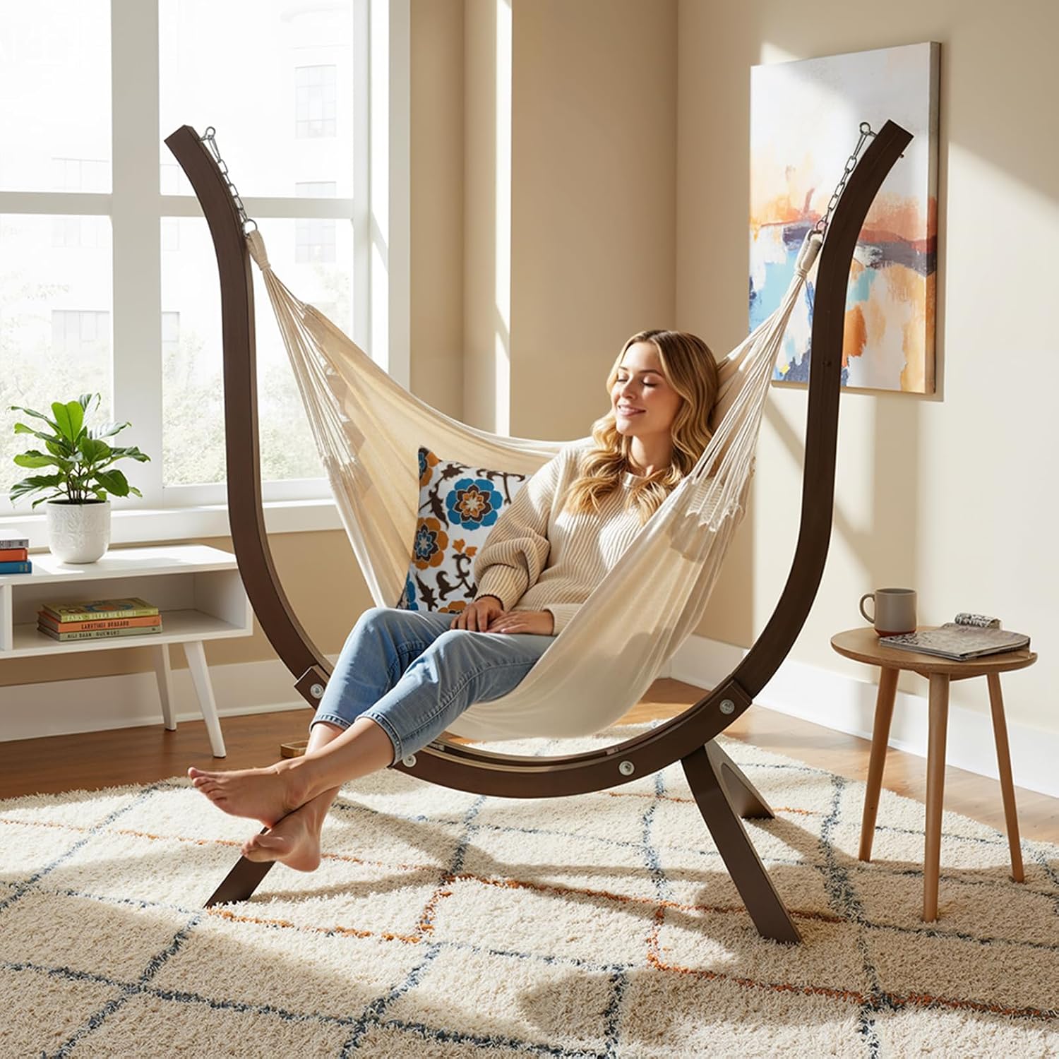 Oncloud Boho Hanging Chair Set - Modern Boho Swing Hammock Chair with Stand for Relax, Stylish Indoor Outdoor Hammock Chair with Stand, 330 LBS, Natural (Carbonized)