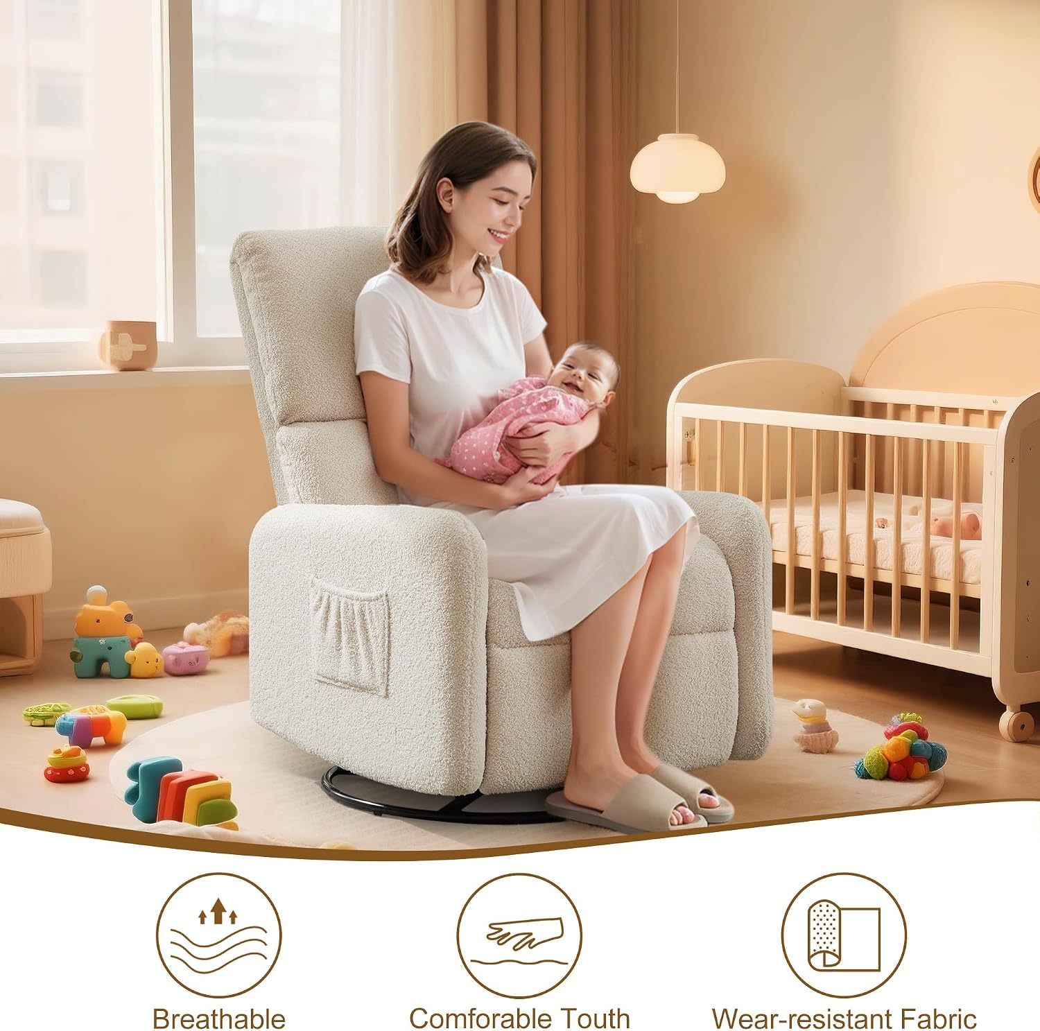 Korser 360° Rocking Chair, Nursery Rocker Chair with Side Pockets, Glider Nursing Chair with Steel Structure Base, Small Chair for Small Spaces, Sherpa Swivel Accent Chairs for Living Room, Nursing