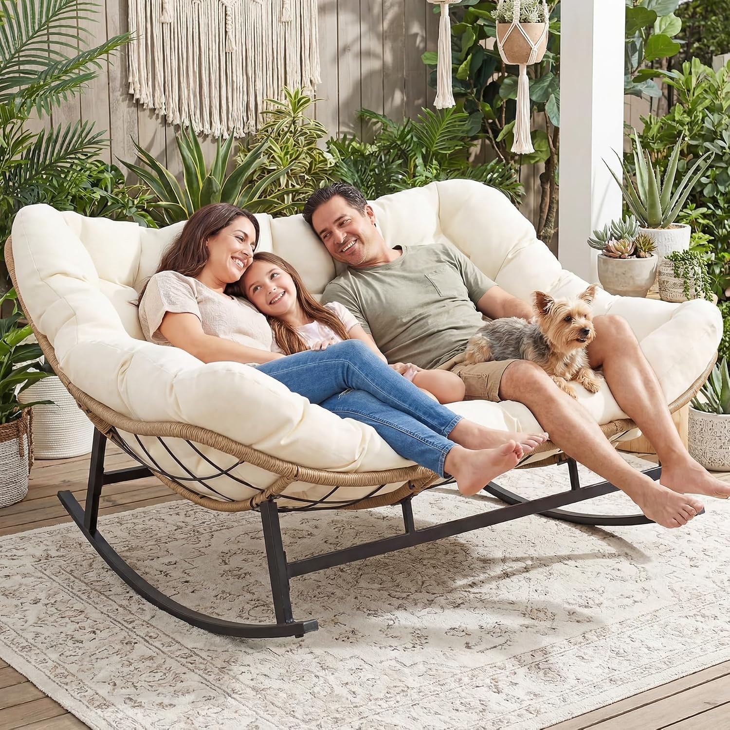 RADIATA Double Egg Rocking Chair for 2, Oversized Rattan Recliner Loveseat with Padded Cushion, Heavy Duty Comfy Large Papasan Rocker for Reading Outdoor Patio Balcony Backyard Indoor, Beige
