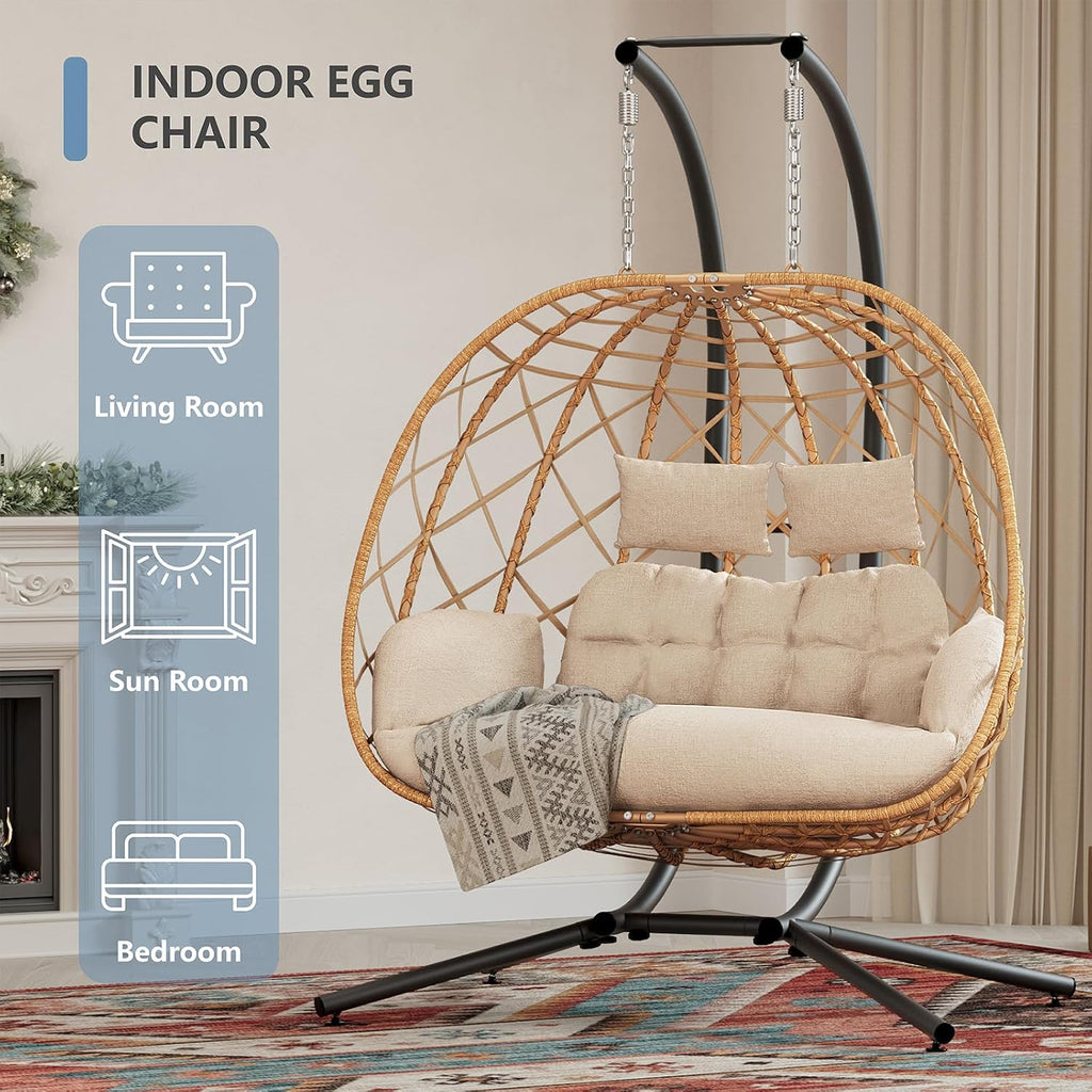 SWITTE Double Egg Swing Chair with Stand, 2 Person Outdoor Indoor Hammock Hanging Chair with Cushion for Patio Living Room 650 LBS Capacity-Beige