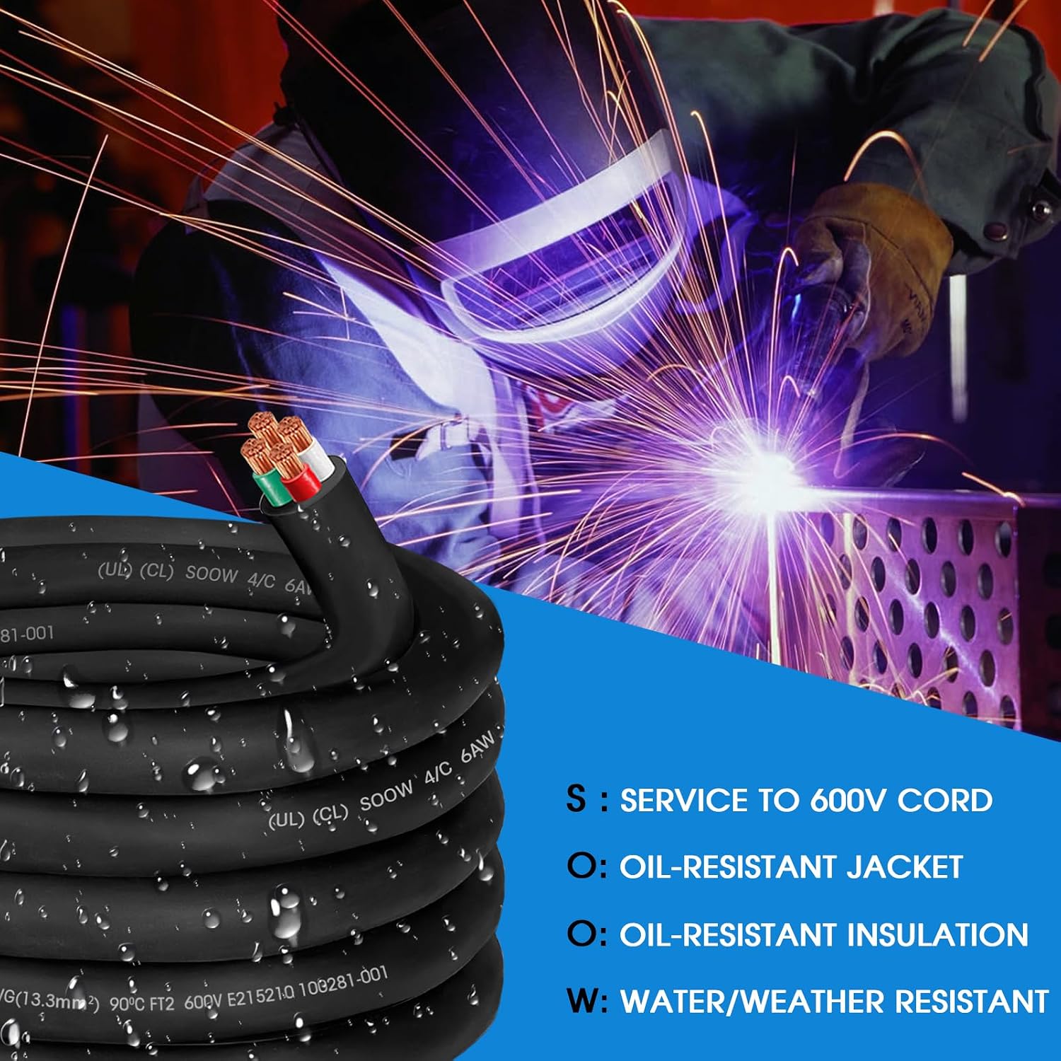 20ft 6/4 Wire SOOW Cable 6/4 Portable Power Cable,6 Gauge Wire 4 Conductor 600V SOOW Electrical Wire,50amp Extension Cord for Welder,Generator,Industrial SOOW Bulk Cord with UL, Outer Dia 27.2mm