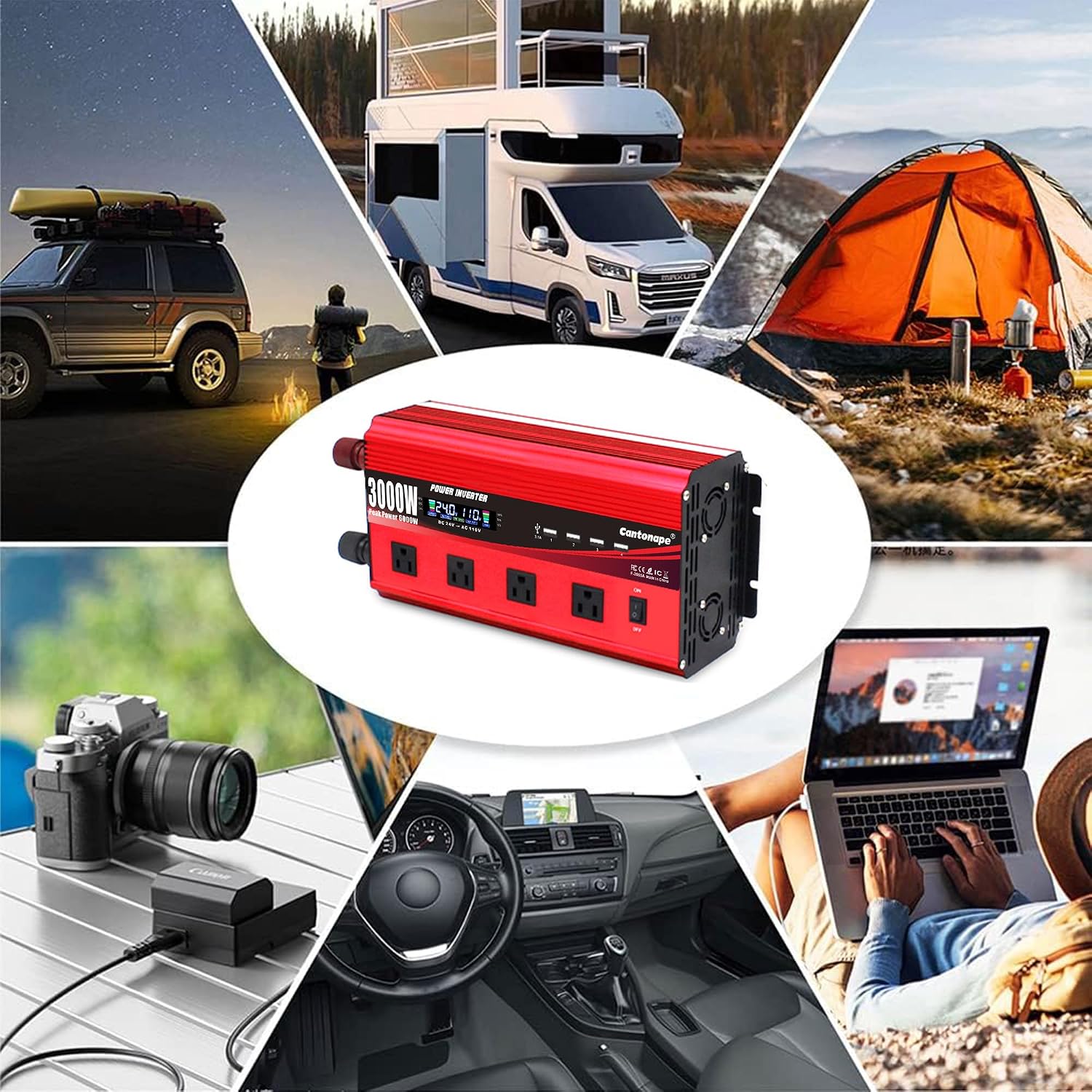 Cantonape 3000W Power Inverter 24V to 110V/120V DC to AC with LCD Display, Remote Controller 4 x AC Outlets and 4 x 3.1A USB Car Adapter for Car Truck Boat RV Solar System