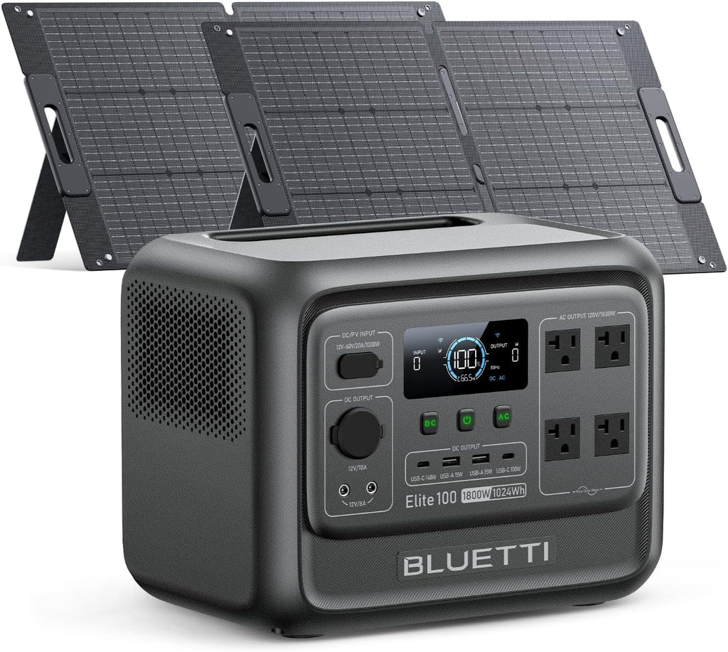 BLUETTI Solar Generator Elite 100 V2 with 2×100W Solar Panels Included, 1024Wh Portable Power Station w/ 2 1800W AC Outlets, 35% Smaller, Ideal for Camping, Emergencies, Backup Power