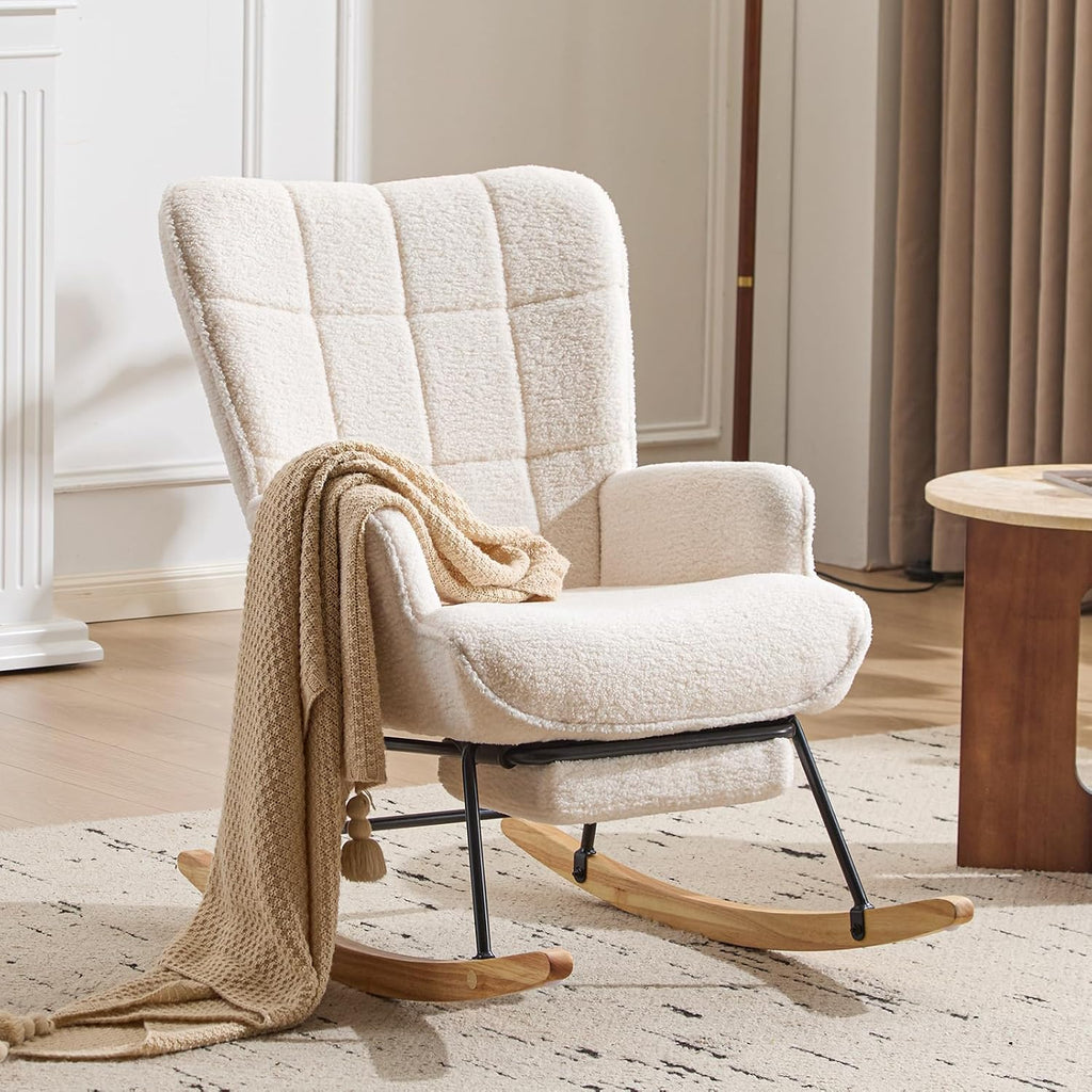 Furniliving Nursery Rocking Chair Modern Armchair Upholstered Glider Rocking Chair Accent Chair with Retractable Footrest Reading Chair with High Backrest Solid Wood Base for Bedroom, White, Teddy